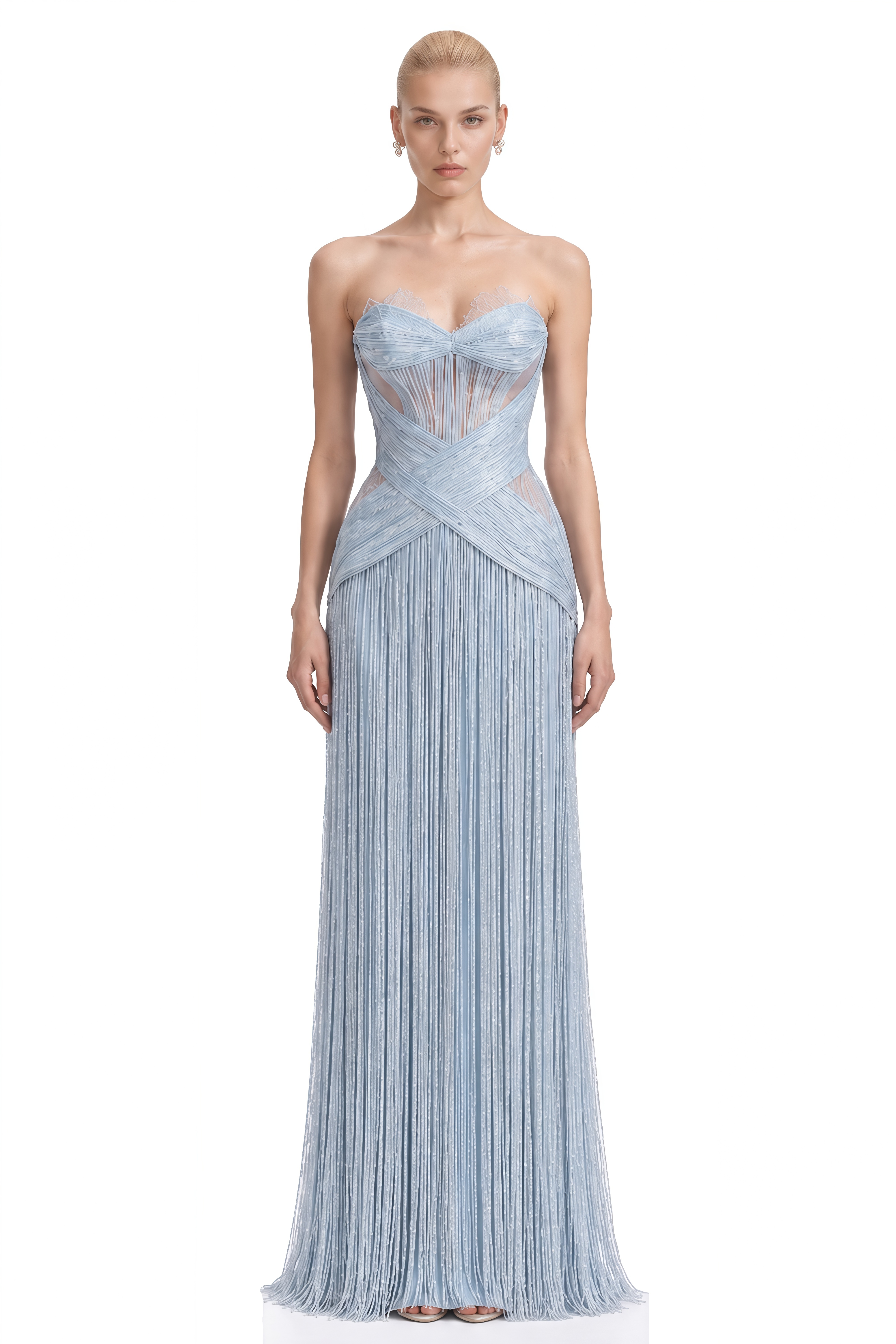 Anne Silver Blue Strapless Fringe Maxi Dress