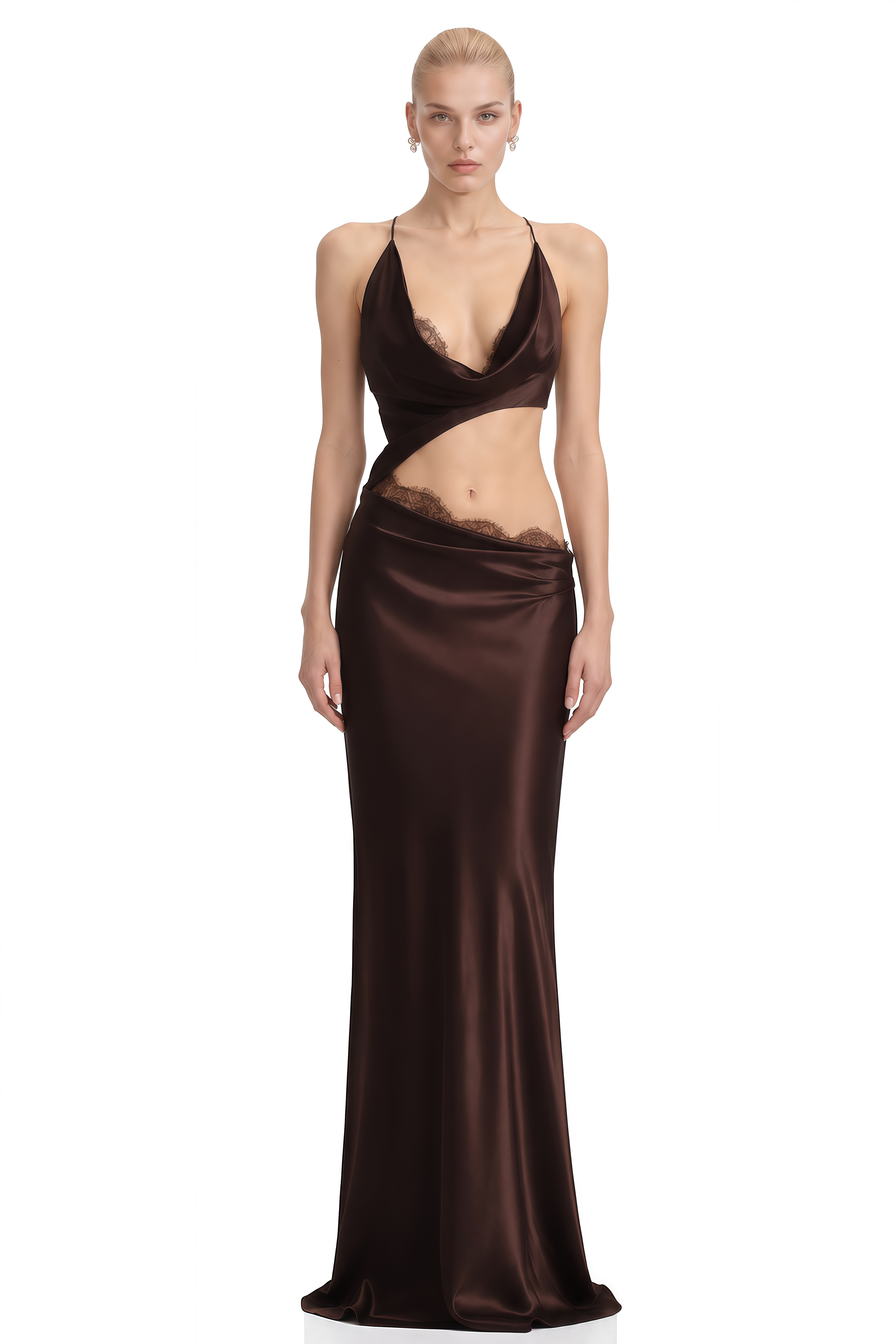 Joy Brown Halterneck Draped Top & Skirt Set
