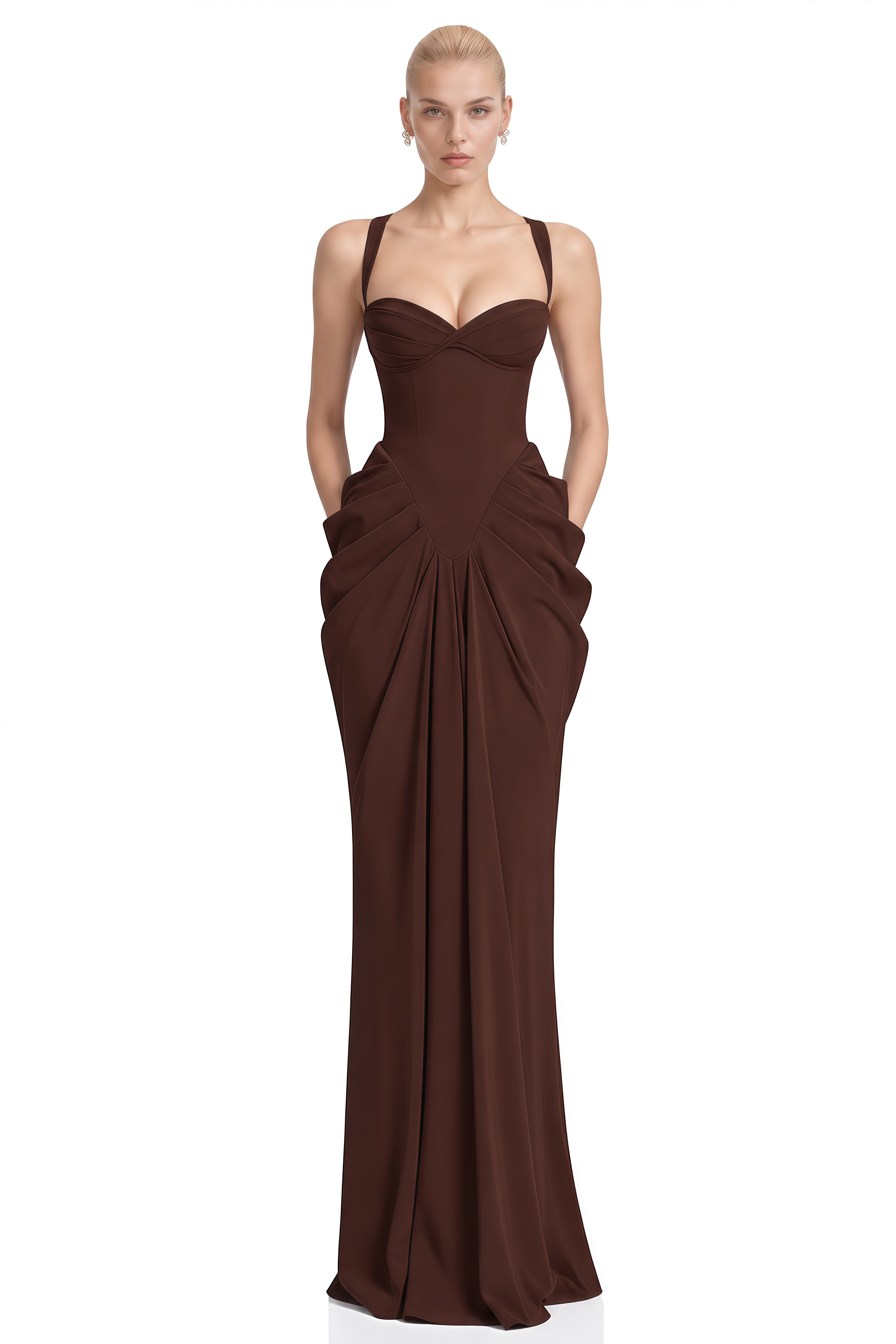 Maisie Brown Sweetheart Neck Ruched Maxi Dress