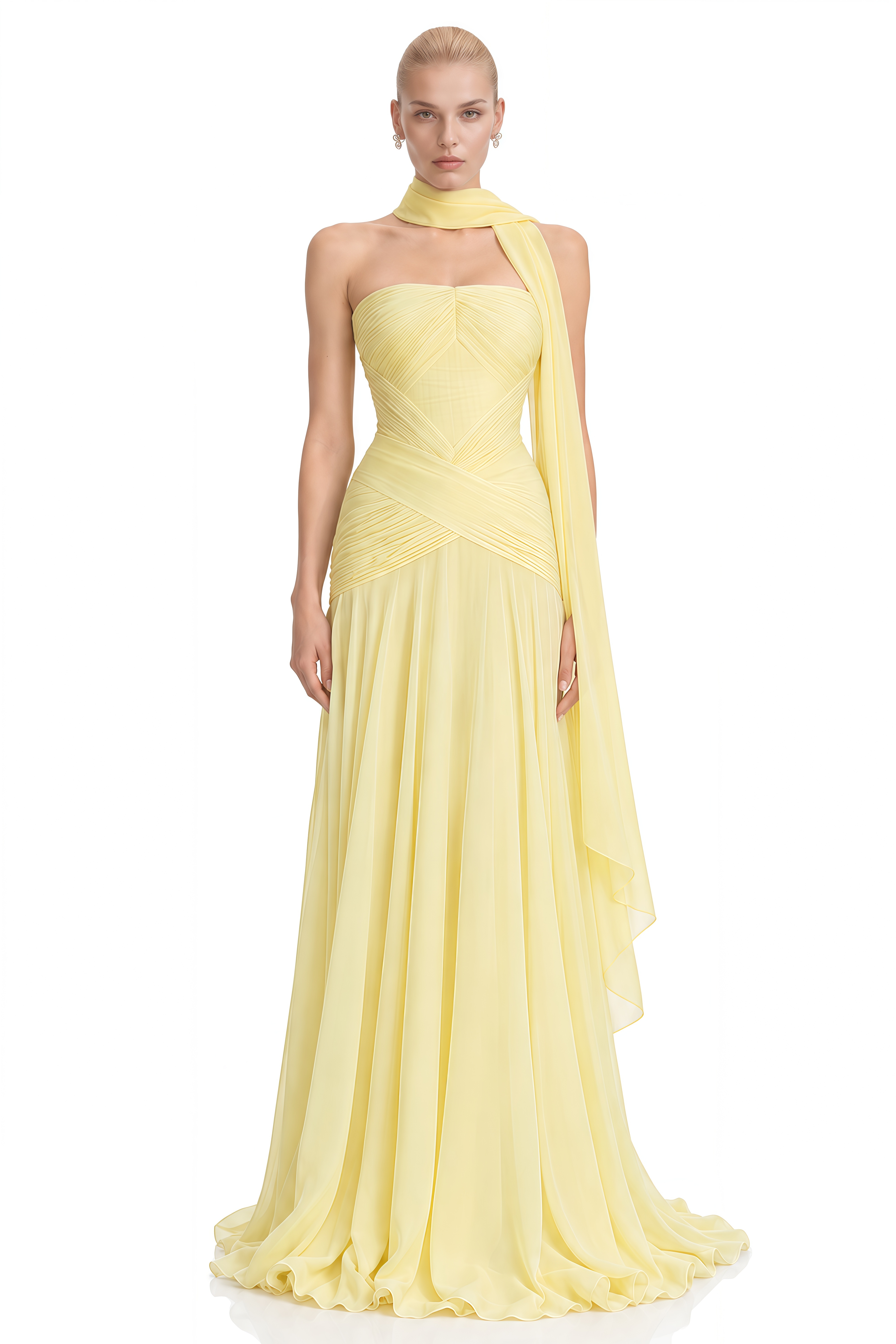 Lila Yellow Strapless Ruched Maxi Dress