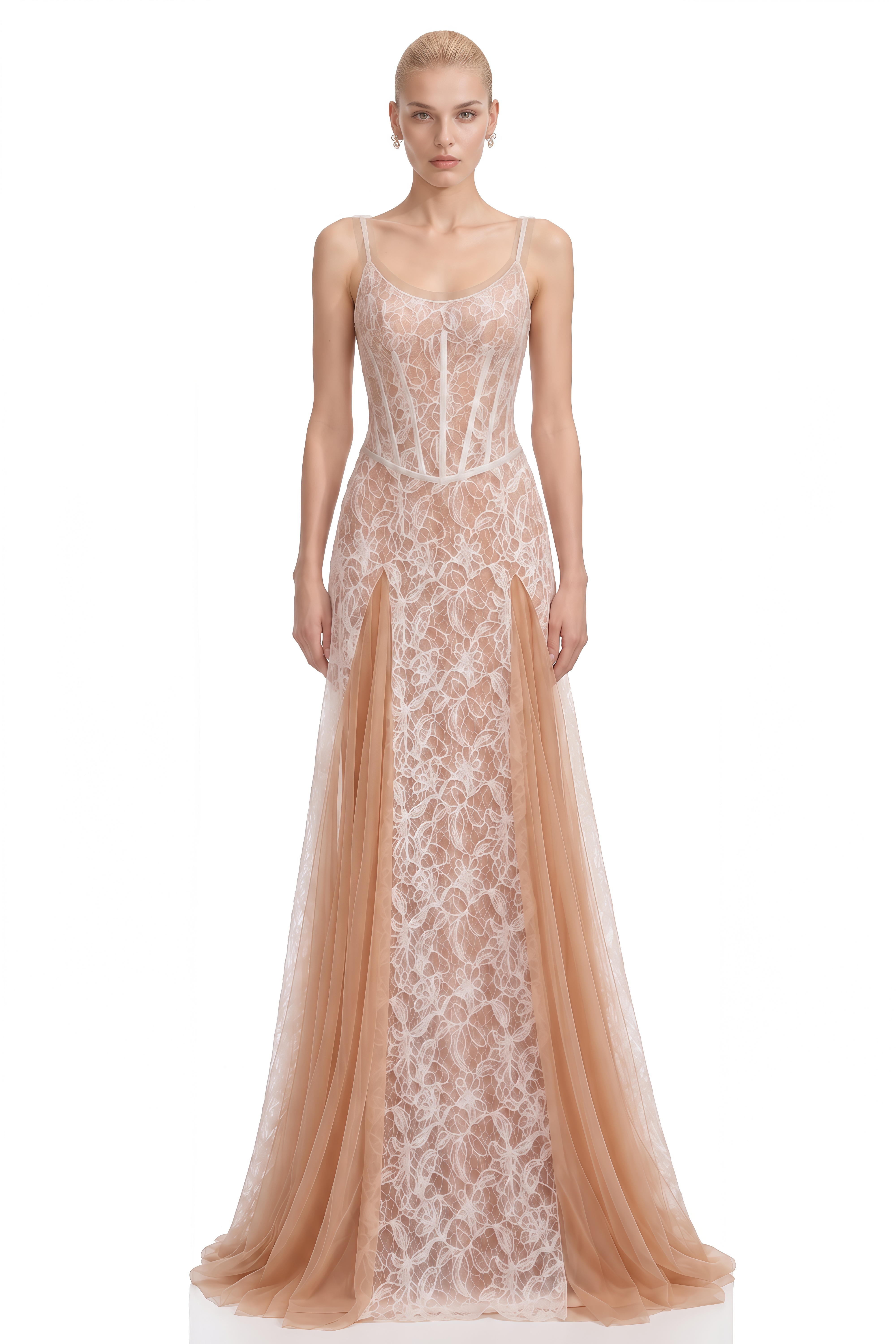 Anastasia Beige Structured Lace Maxi Dress