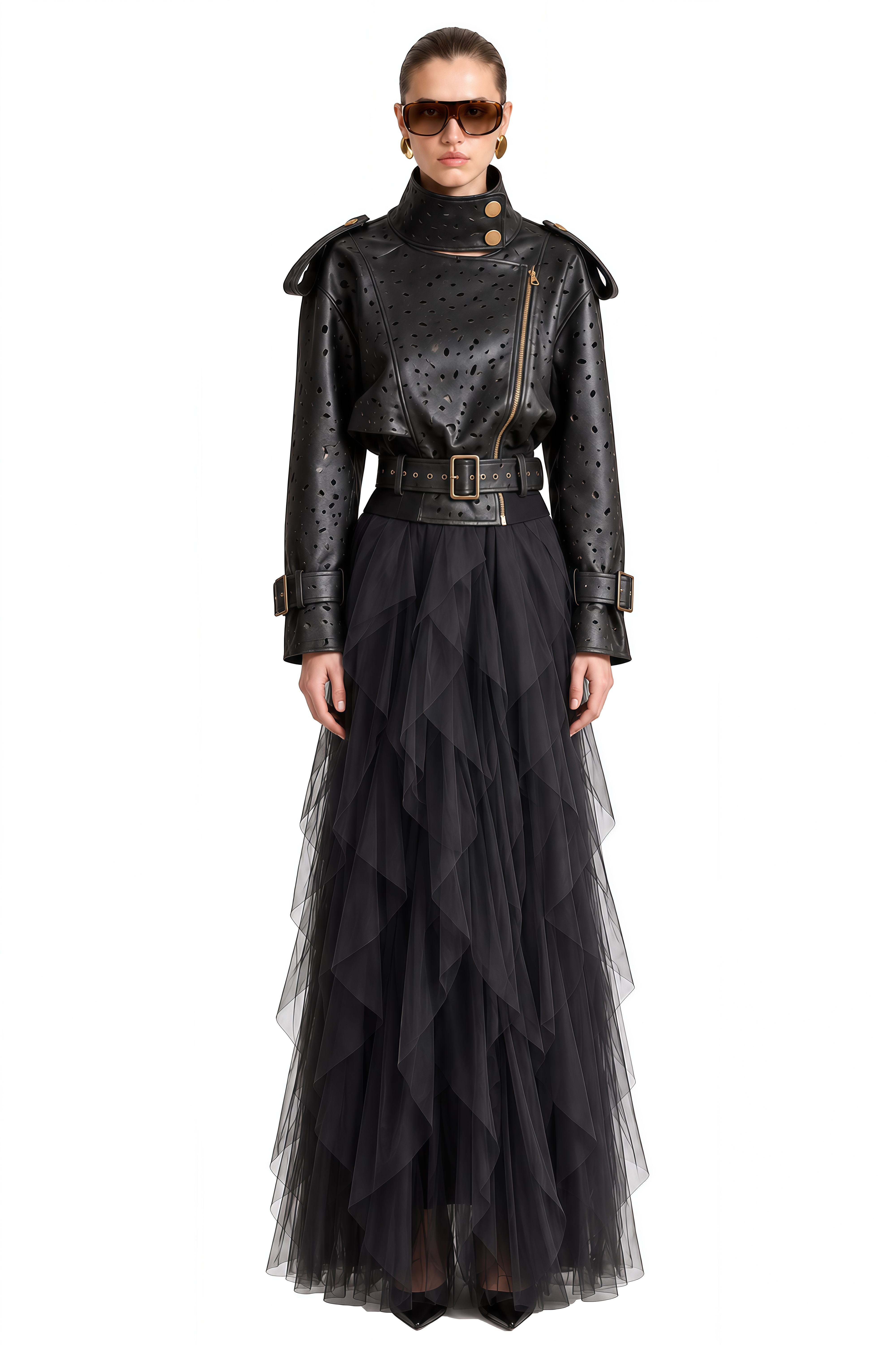 Theodora Black Structured Ruffled Jacket & Skirt Set
