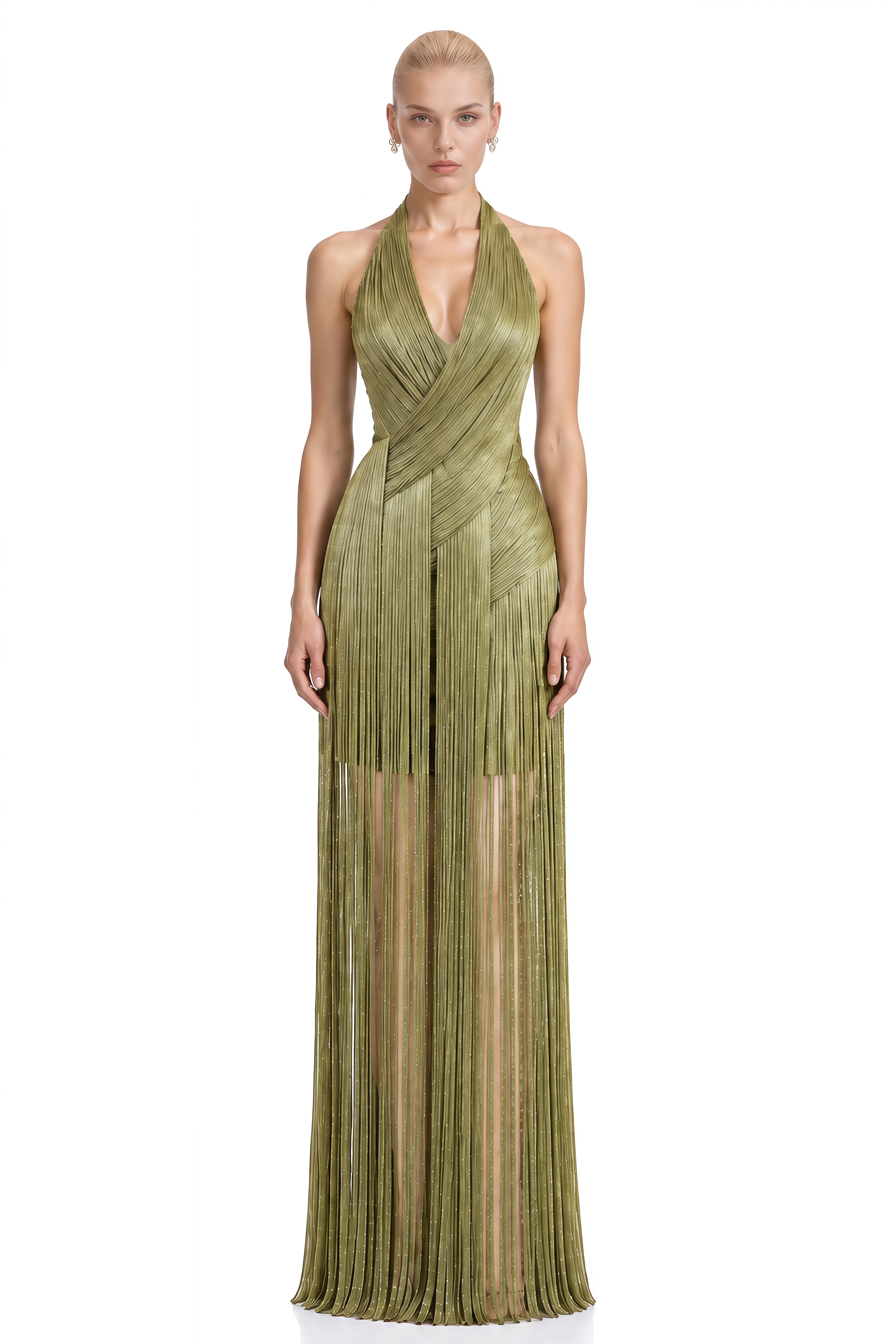 Sylvia Gold Asymmetrical Fringe Maxi Dress