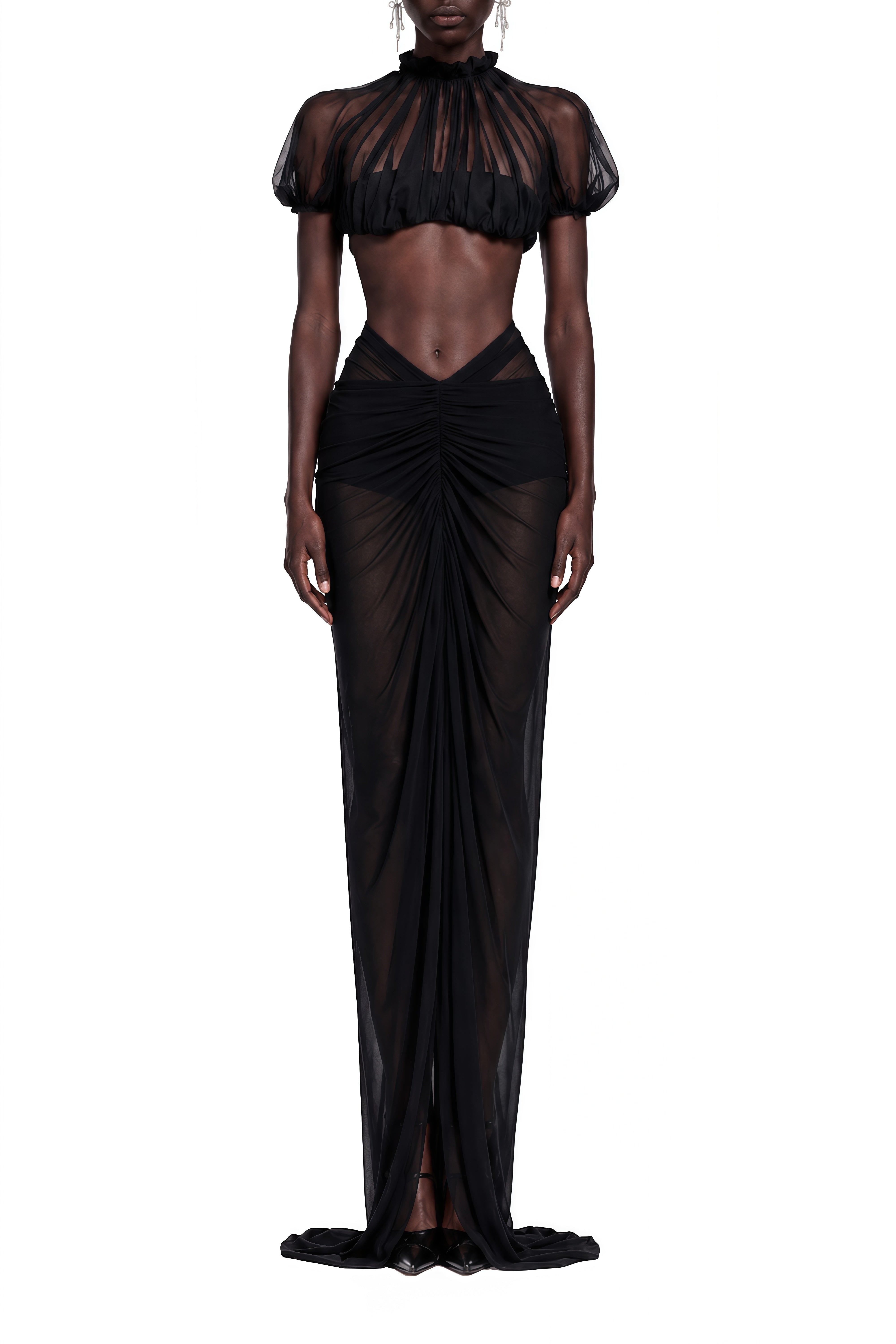 Rosalie Black Turtleneck Ruched Top & Skirt Set