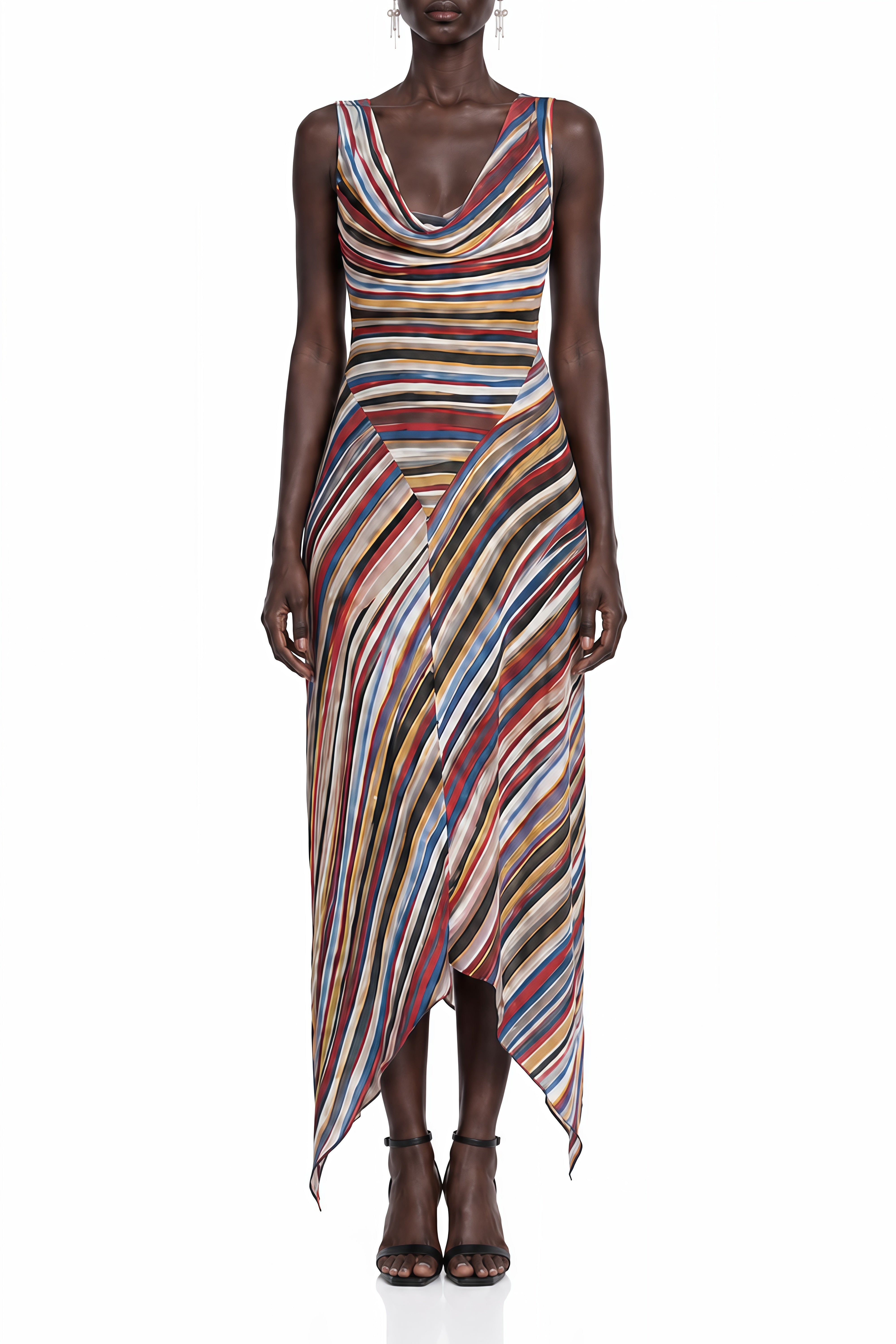 Luna Red Asymmetrical Striped Maxi Dress