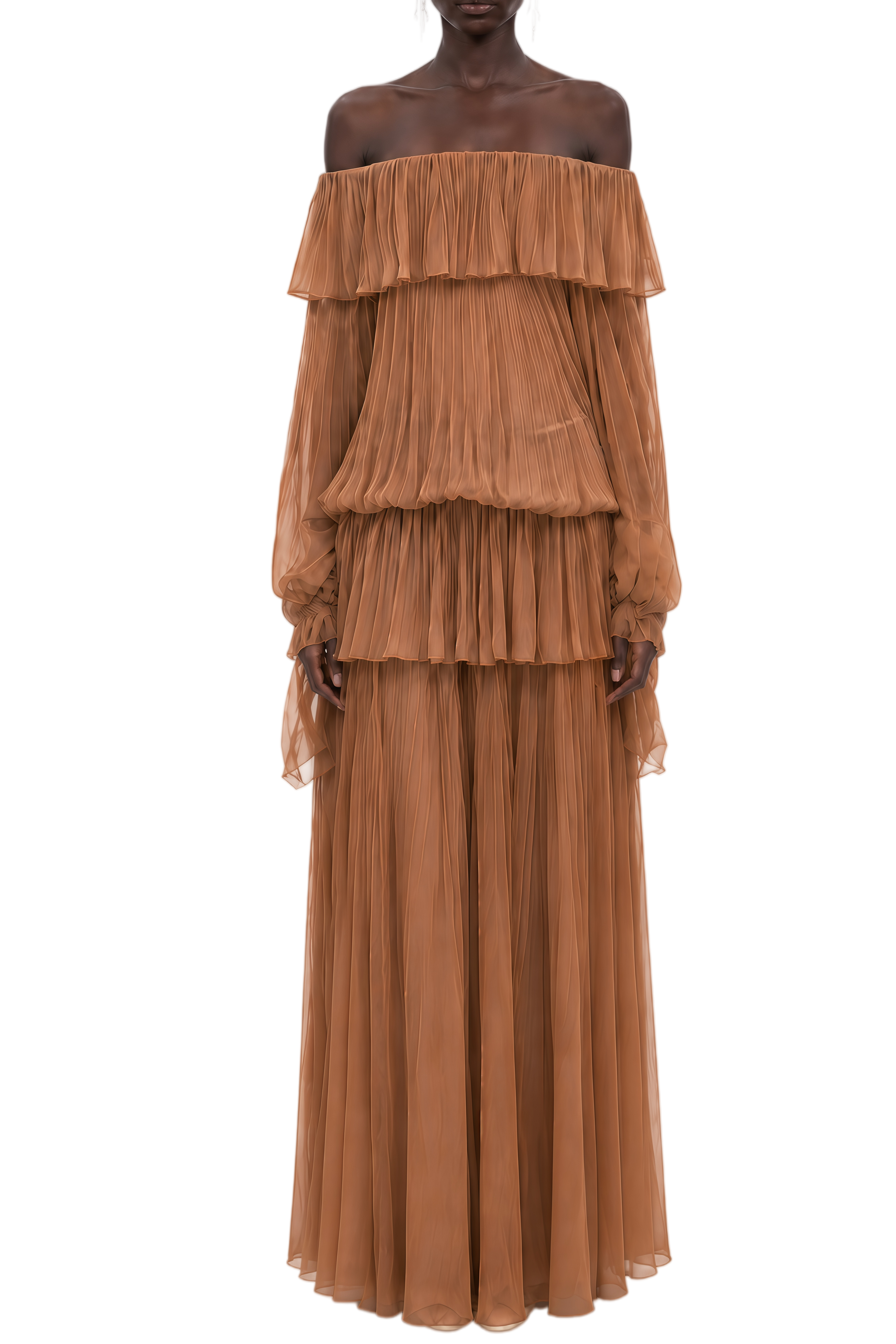 Ophelia Brown Long Sleeves Pleated Top & Skirt Set