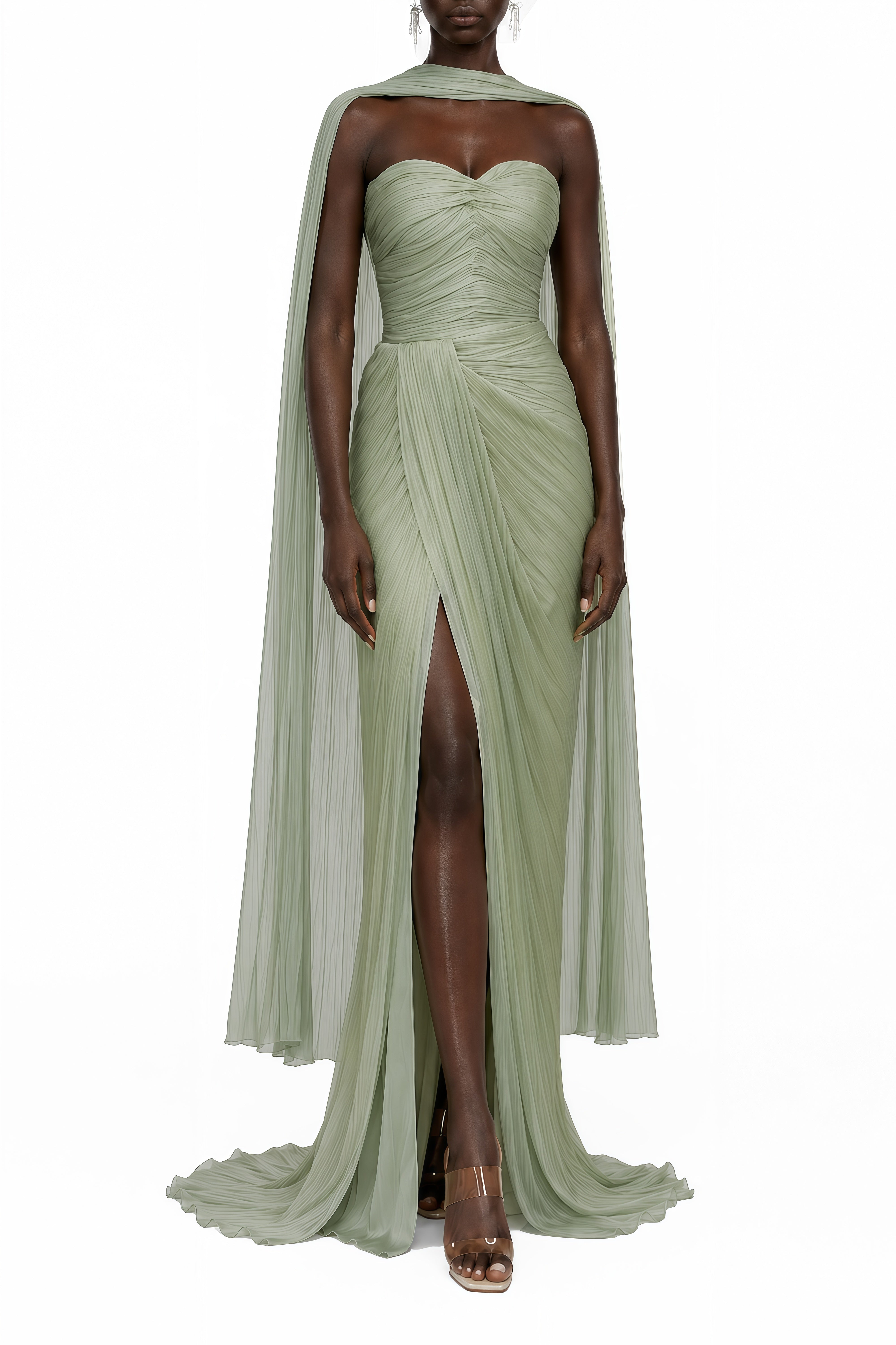 Althea Green Cape Design Ruched Maxi Dress