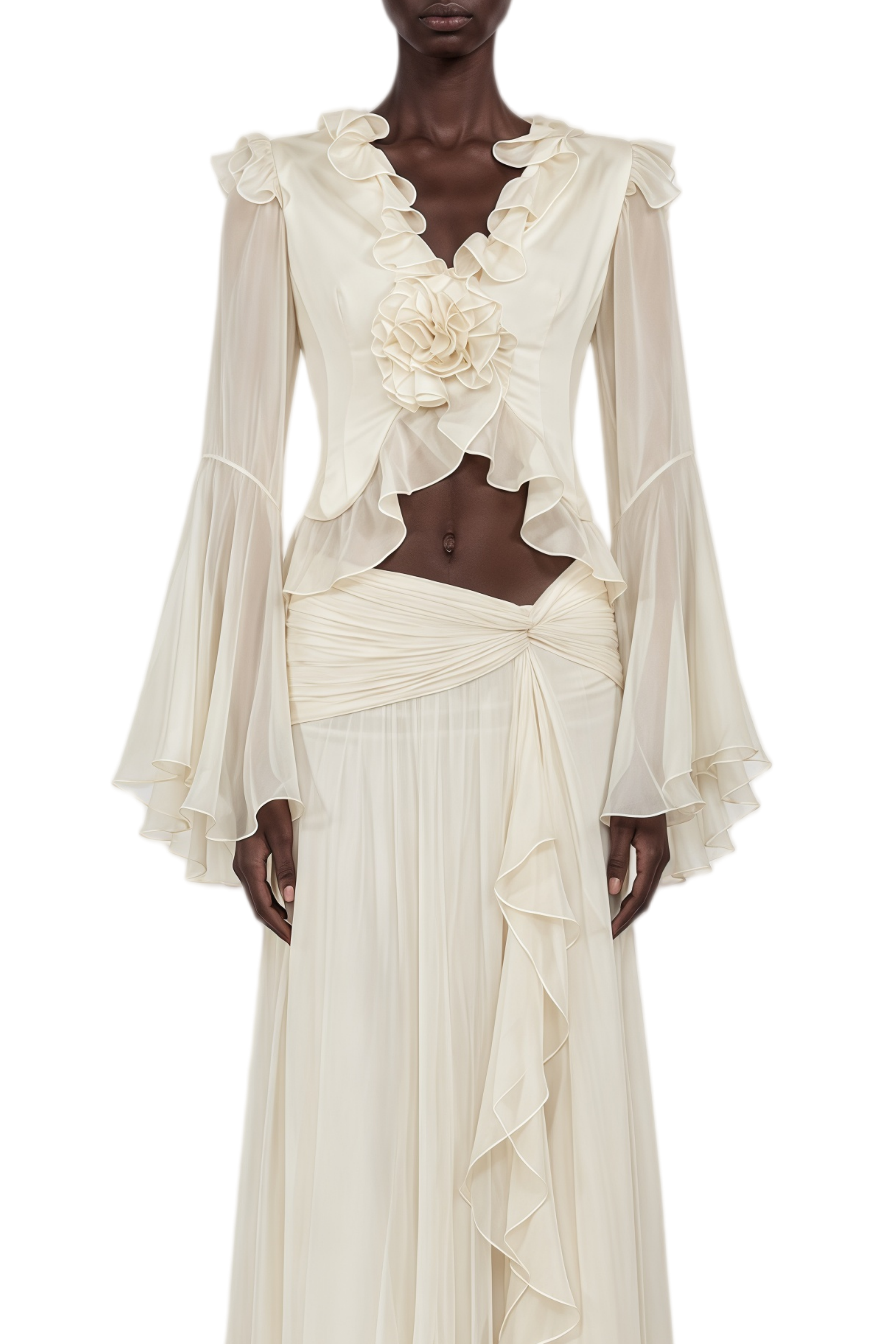 Cassiopeia White Ruched Asymmetrical Blouse & Skirt Set