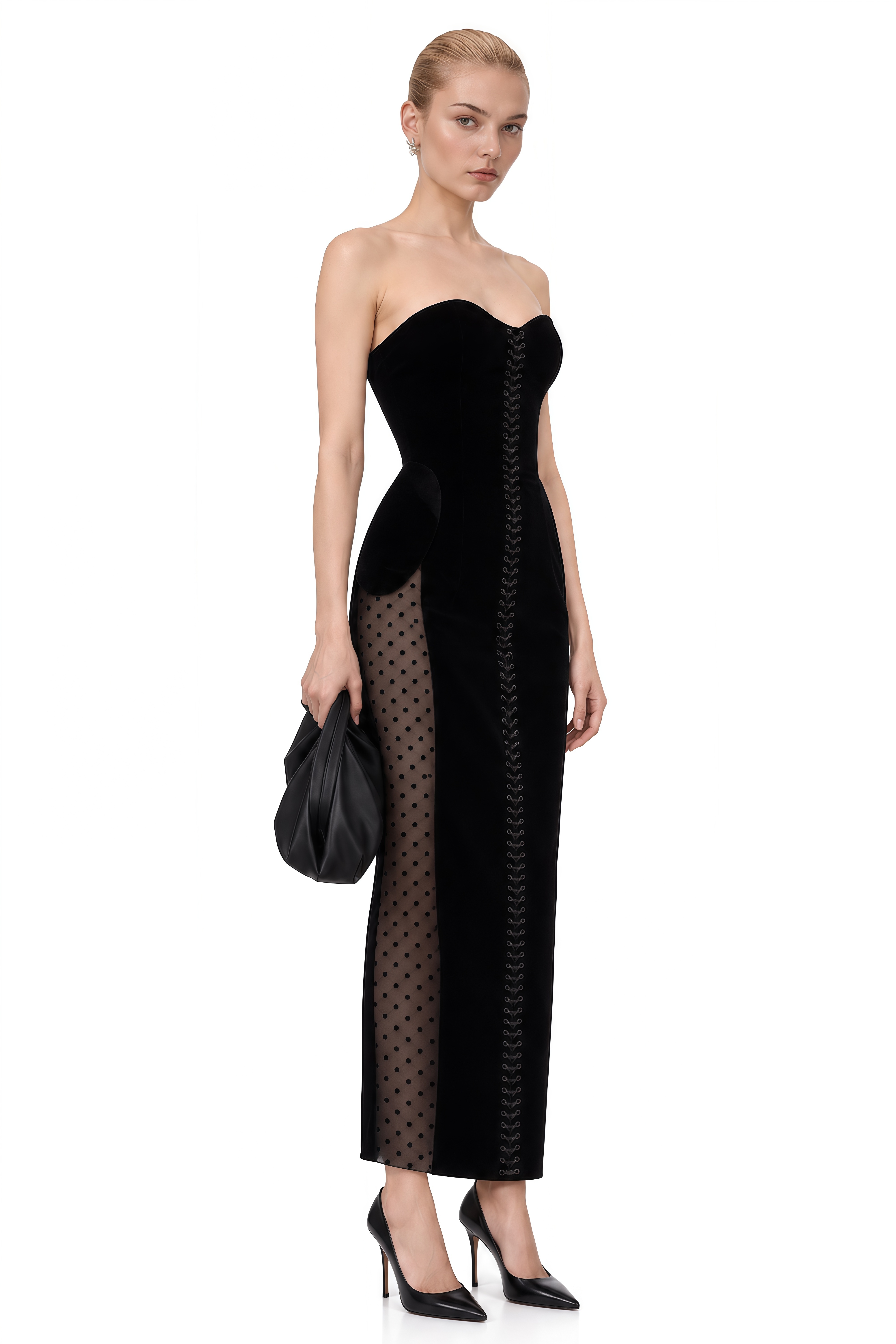 Beatrice Black Sweetheart Neck Sheer-Panel Midi Dress