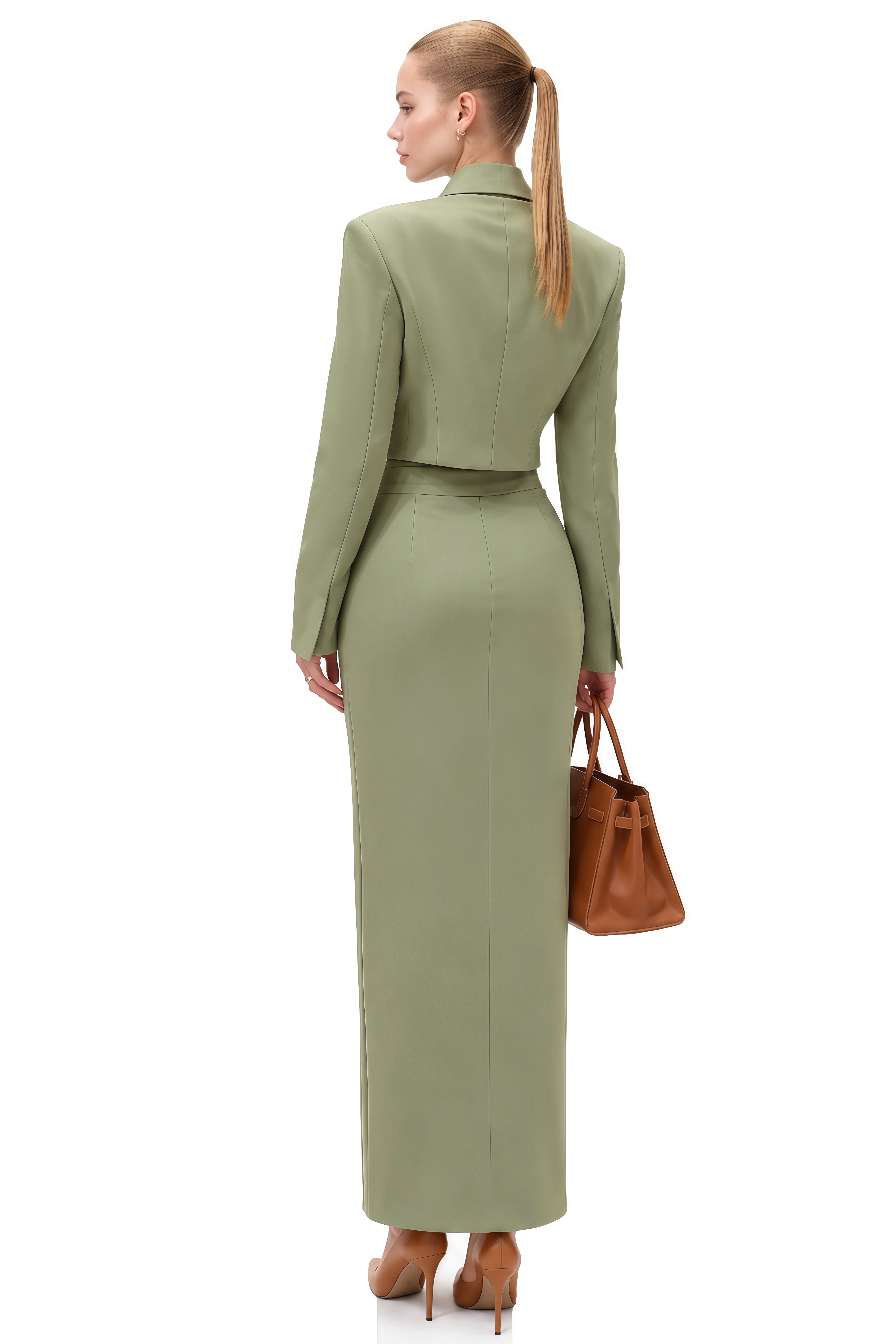 Odette Green Long Sleeves Split Jacket & Skirt Set
