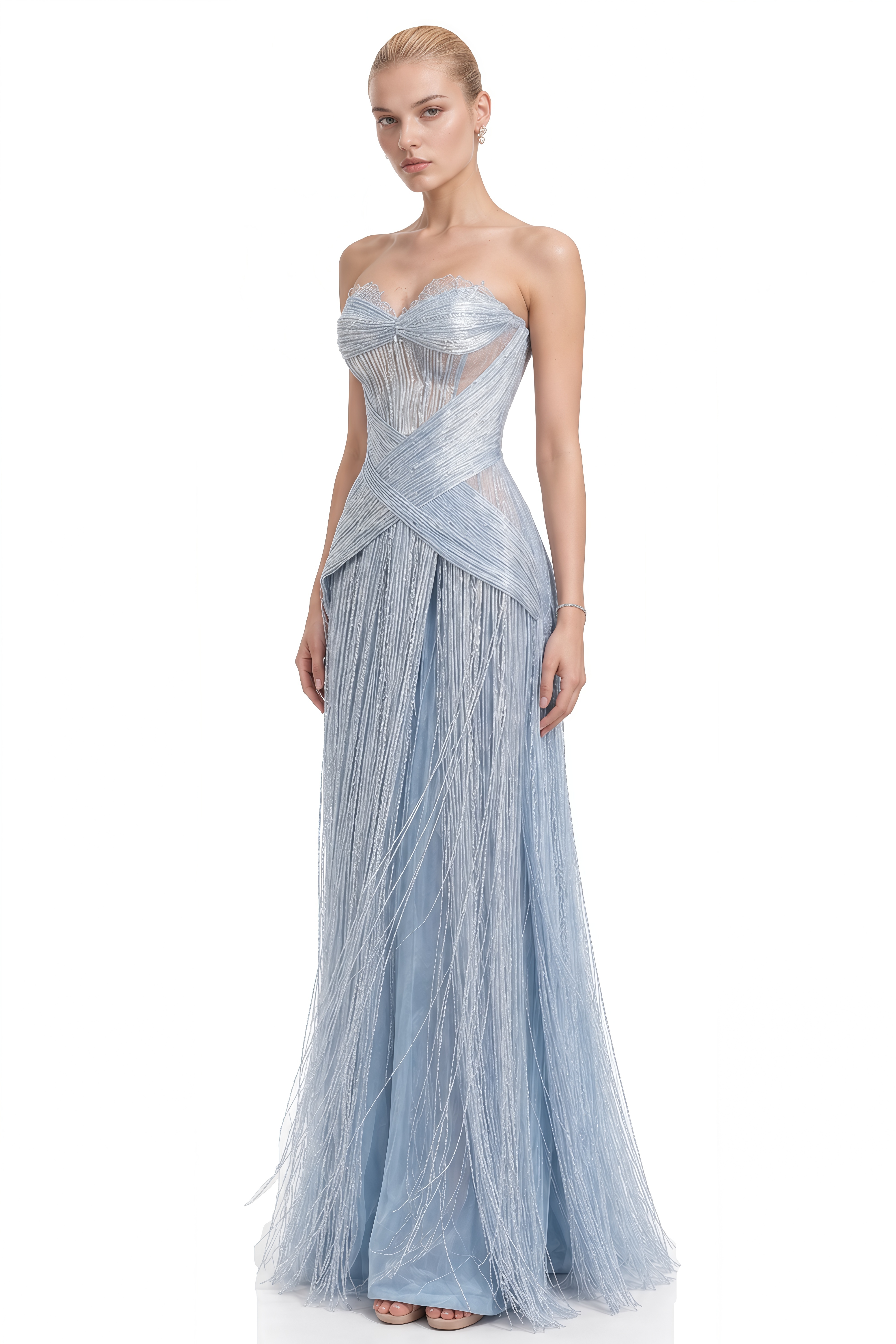 Anne Silver Blue Strapless Fringe Maxi Dress