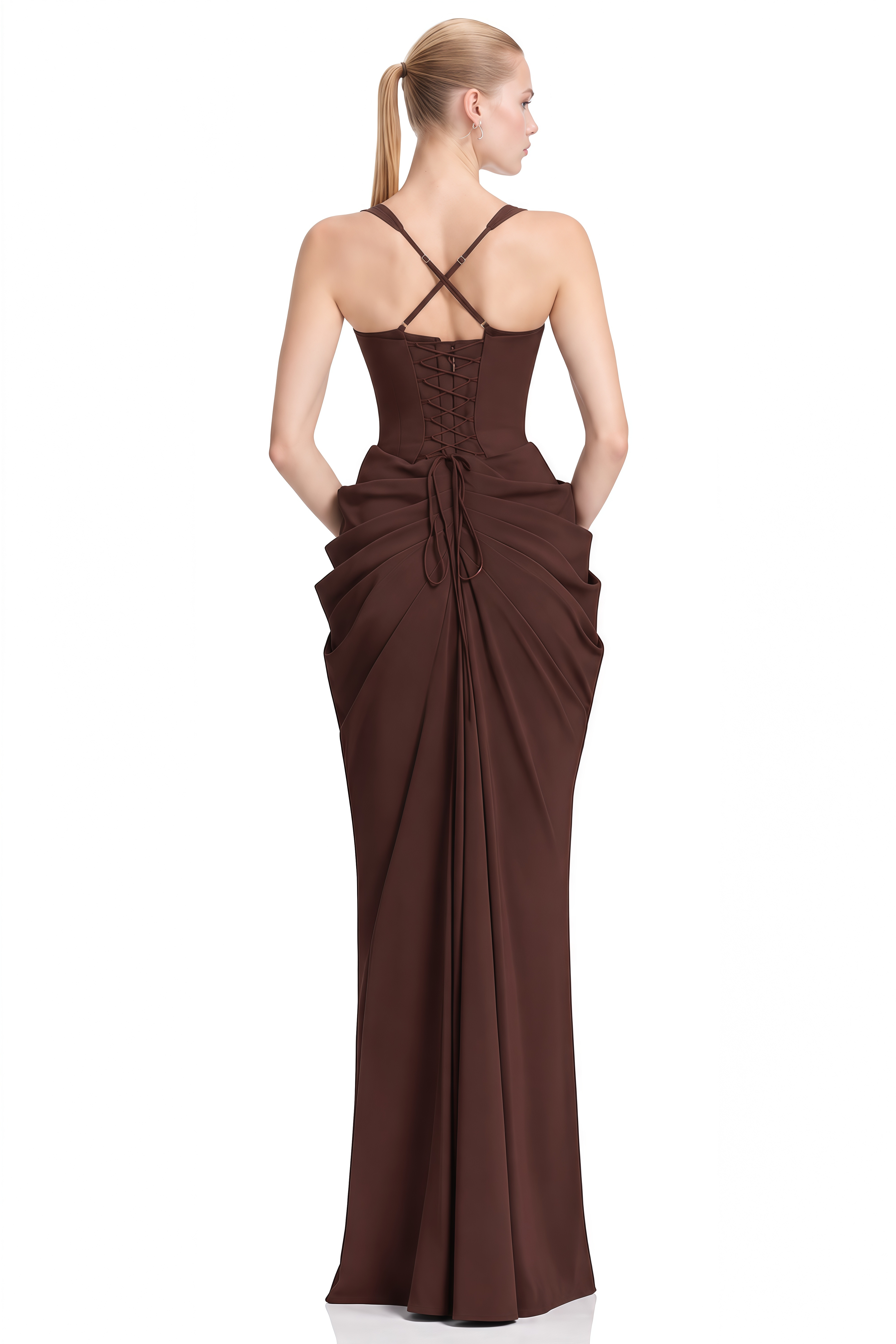 Maisie Brown Sweetheart Neck Ruched Maxi Dress