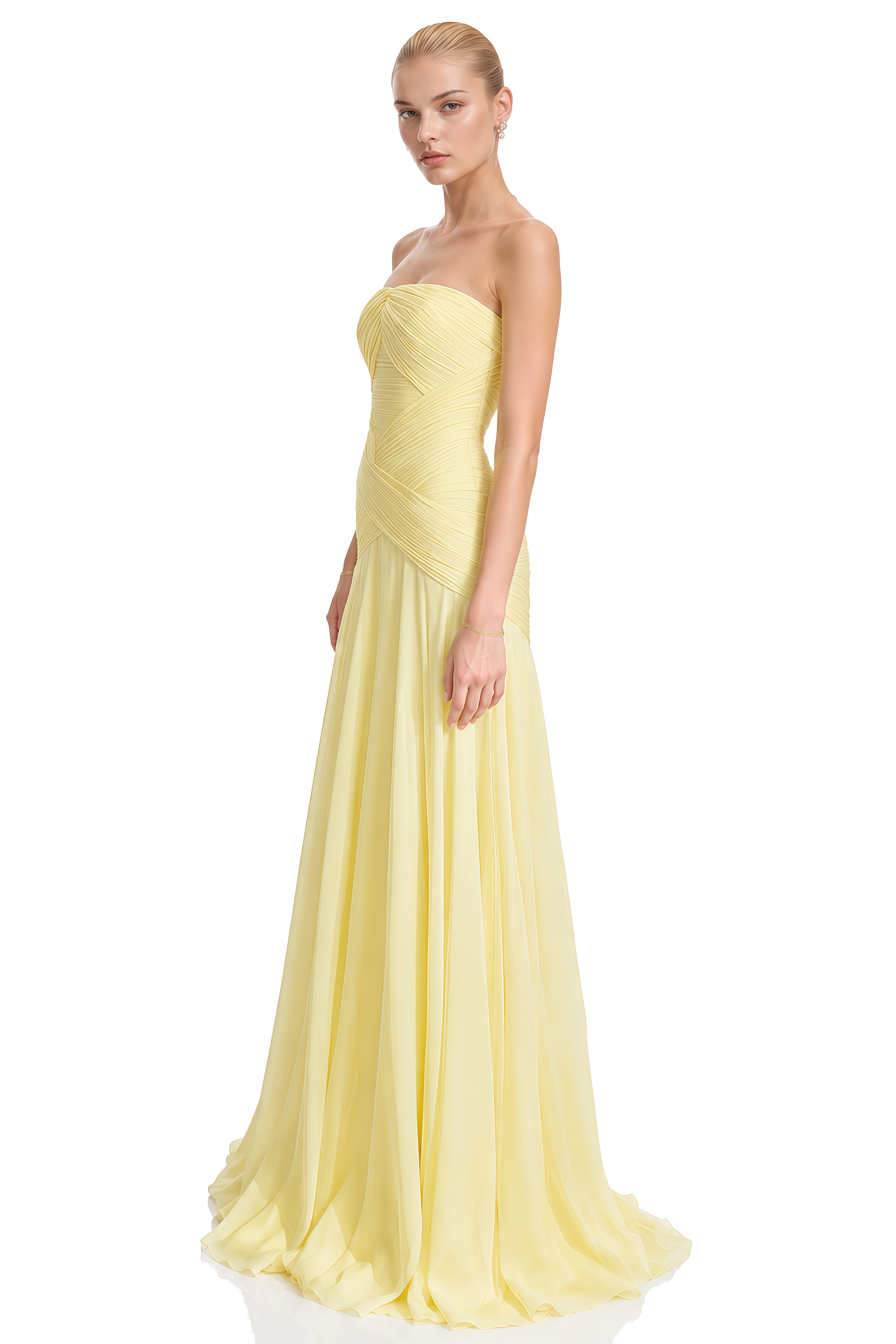 Lila Yellow Strapless Ruched Maxi Dress
