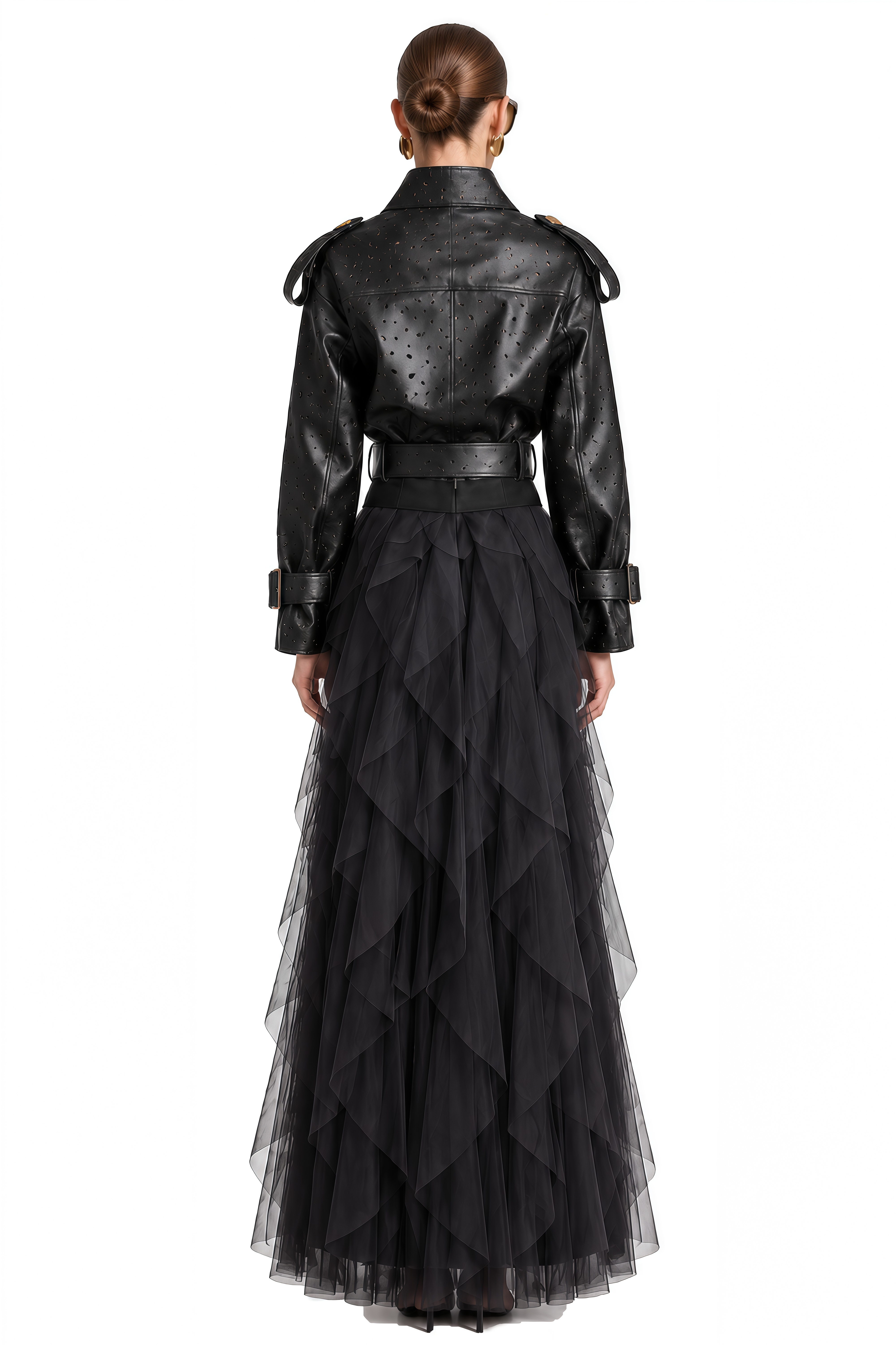 Theodora Black Structured Ruffled Jacket & Skirt Set