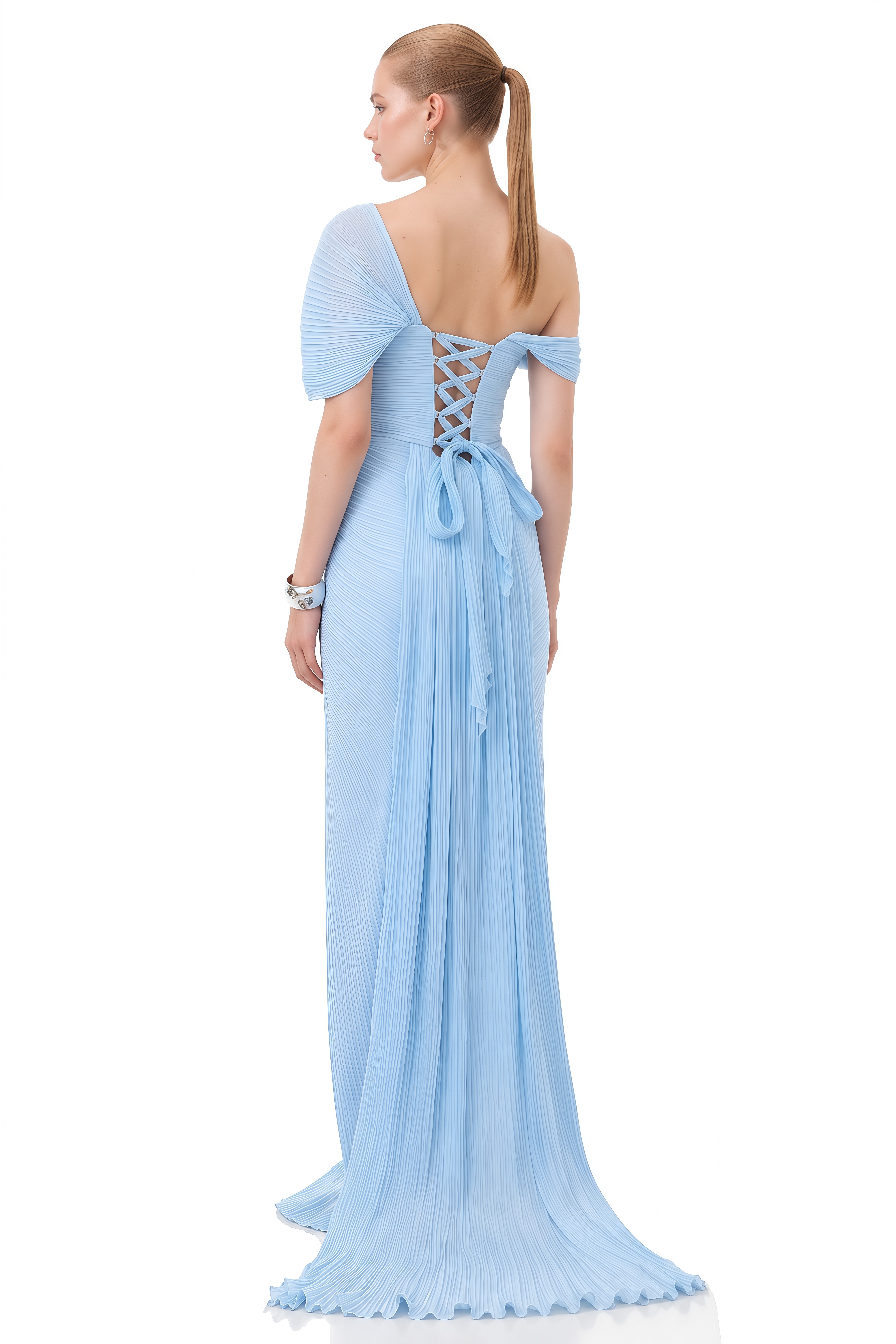 Amara Light Blue Asymmetrical Off-Shoulder Maxi Dress