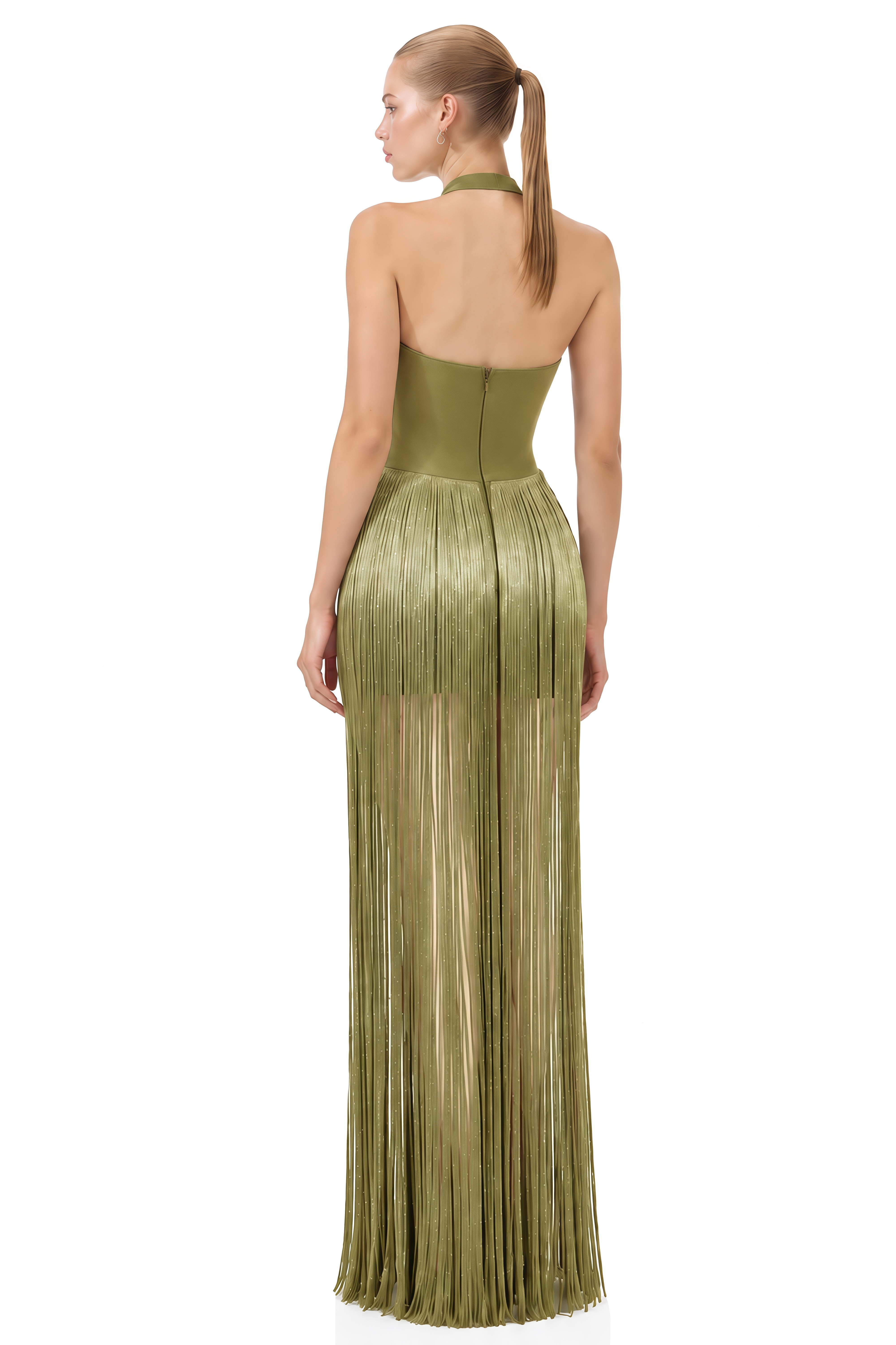 Sylvia Gold Asymmetrical Fringe Maxi Dress