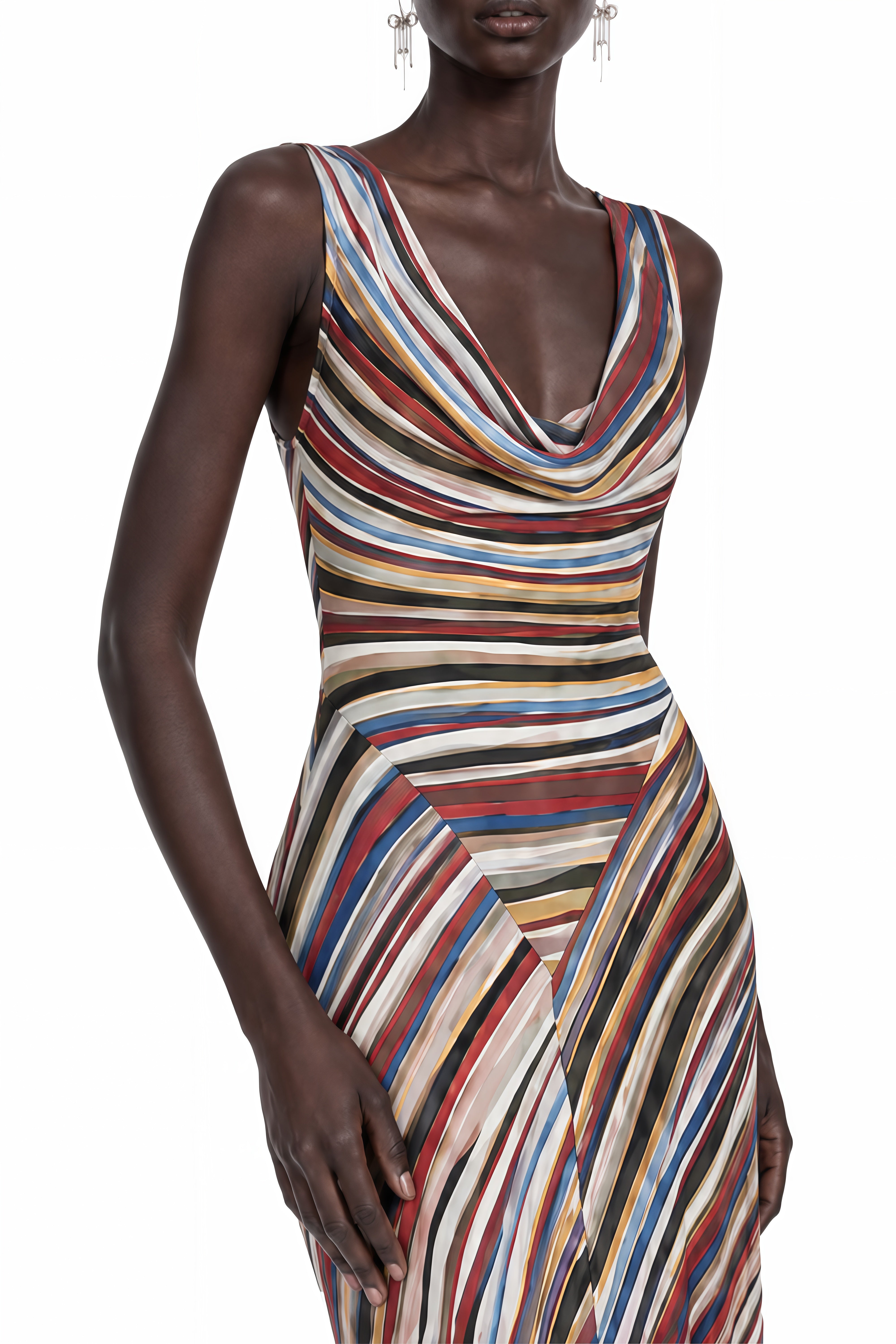 Luna Red Asymmetrical Striped Maxi Dress