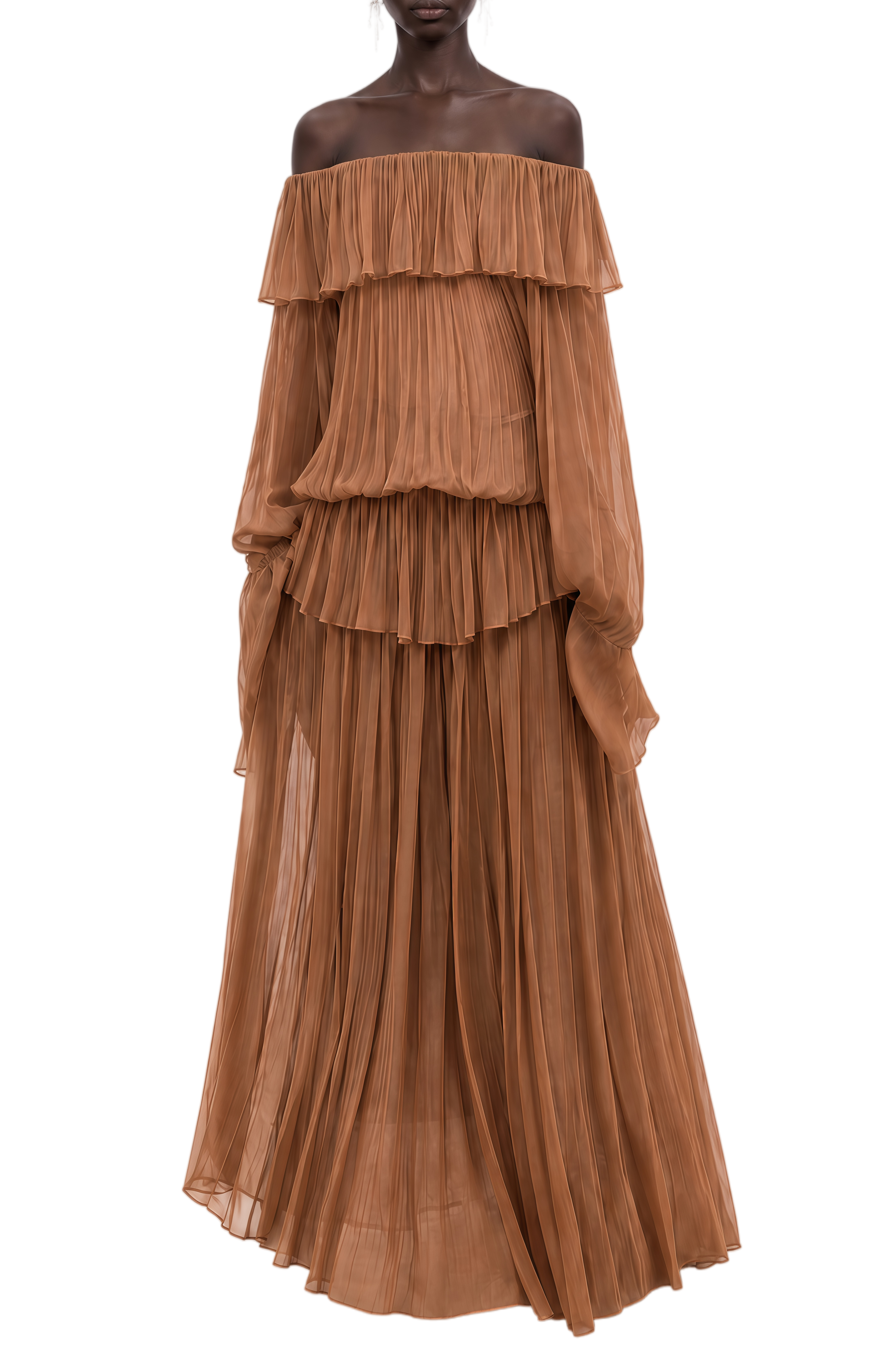 Ophelia Brown Long Sleeves Pleated Top & Skirt Set