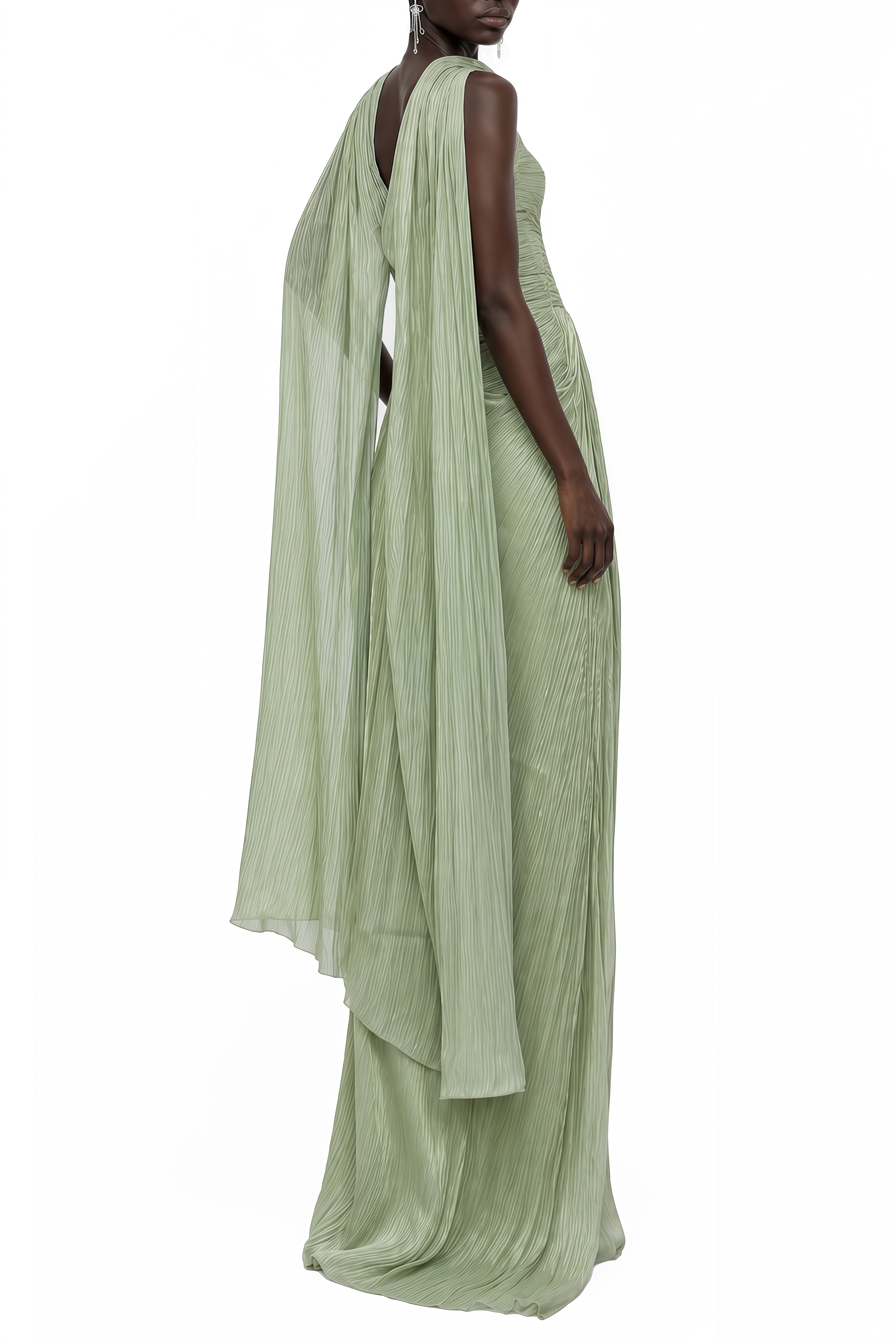 Althea Green Cape Design Ruched Maxi Dress