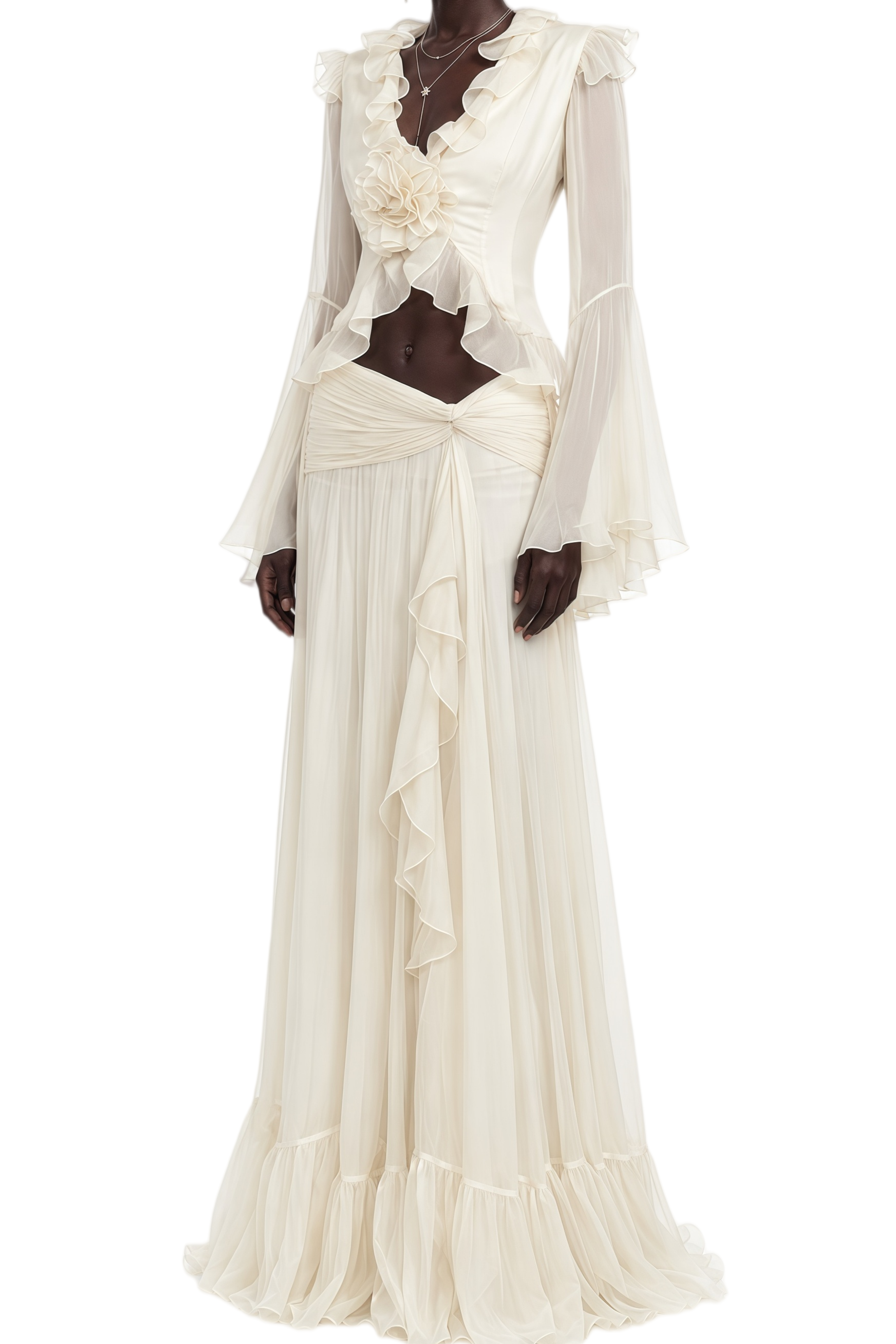 Cassiopeia White Ruched Asymmetrical Blouse & Skirt Set