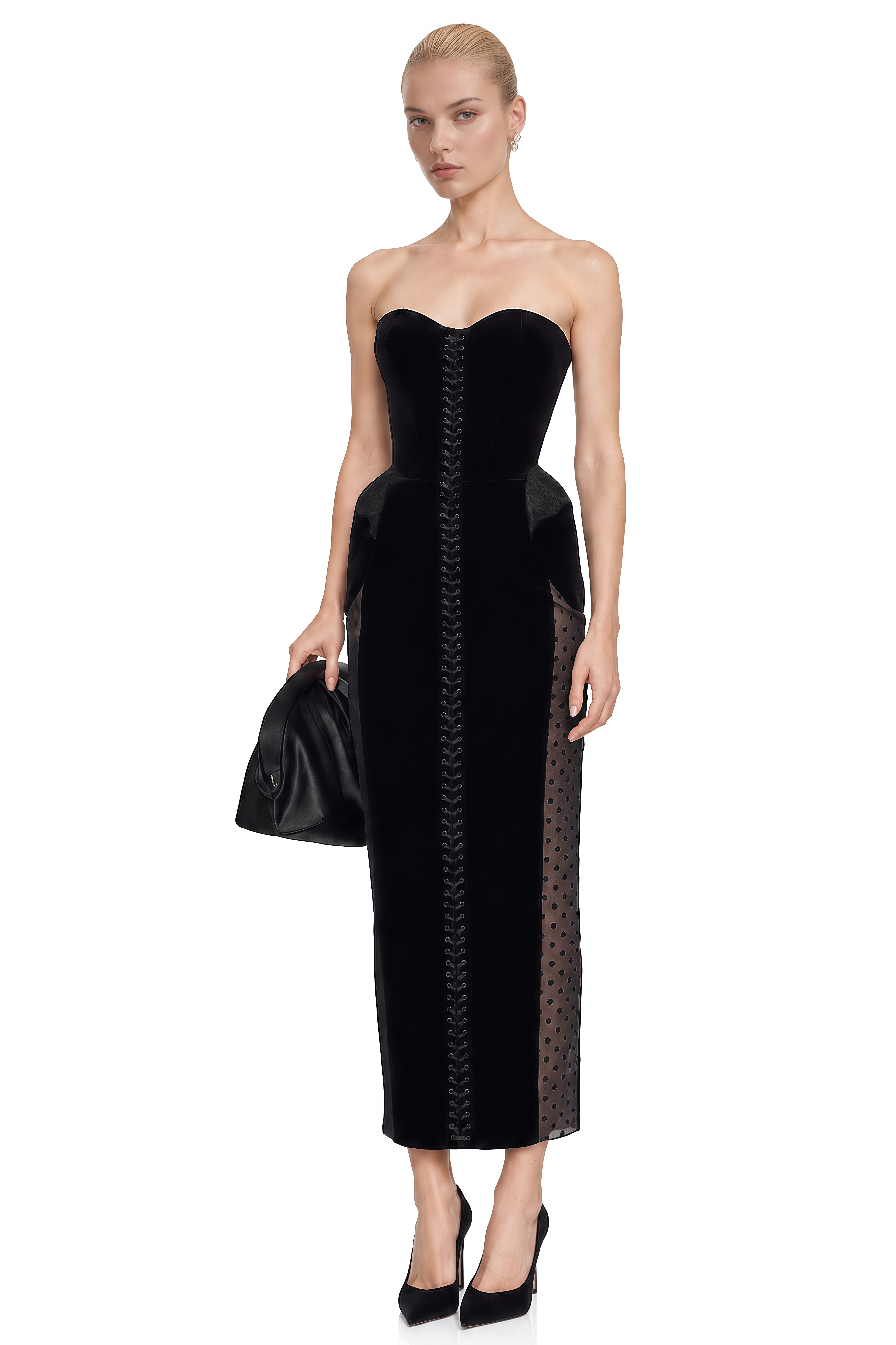 Beatrice Black Sweetheart Neck Sheer-Panel Midi Dress
