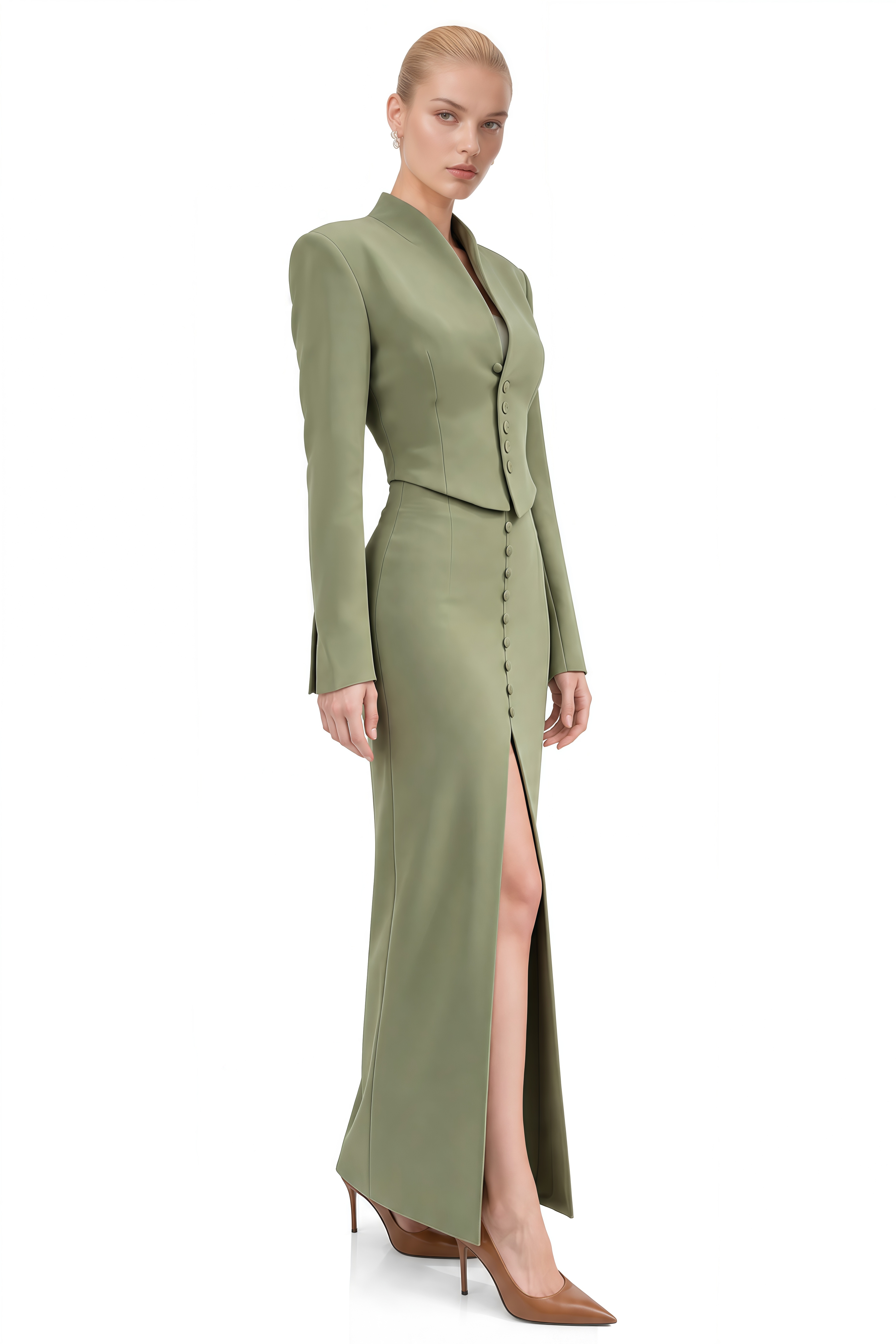 Odette Green Long Sleeves Split Jacket & Skirt Set