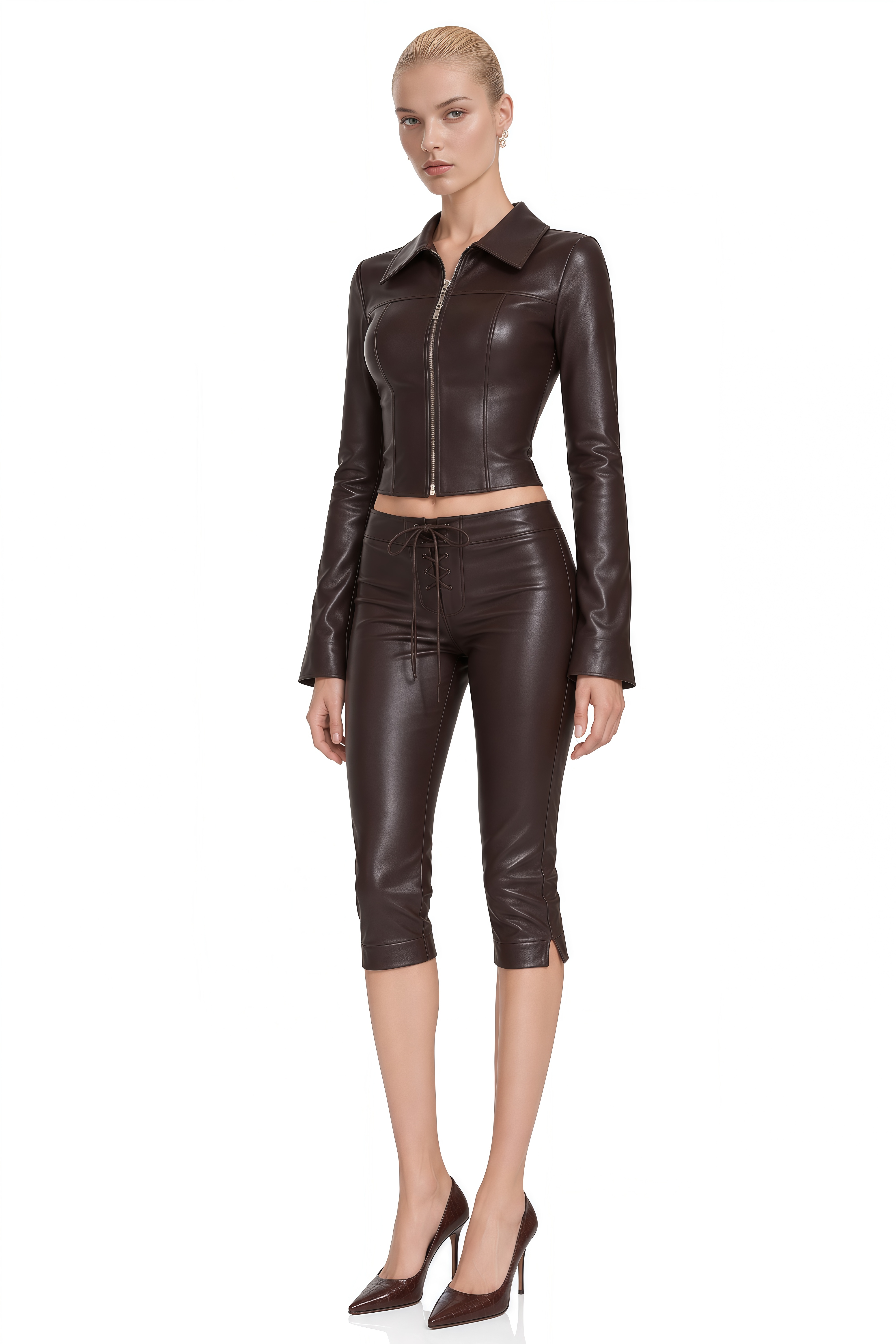 Imogen Dark Brown Long Sleeves Lace-Up Top & Trousers Set
