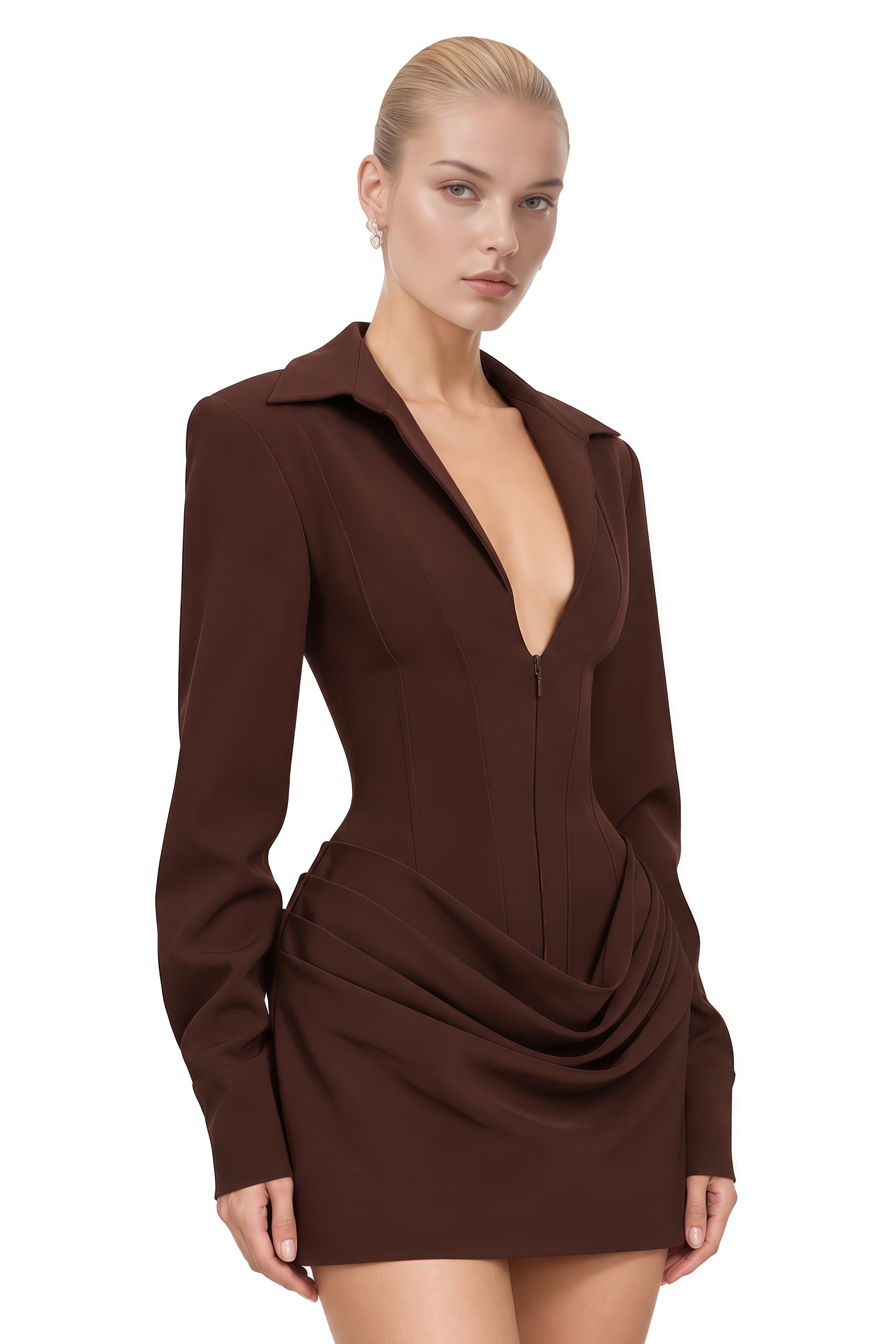 Olivia Brown Long Sleeves Draped Mini Dress