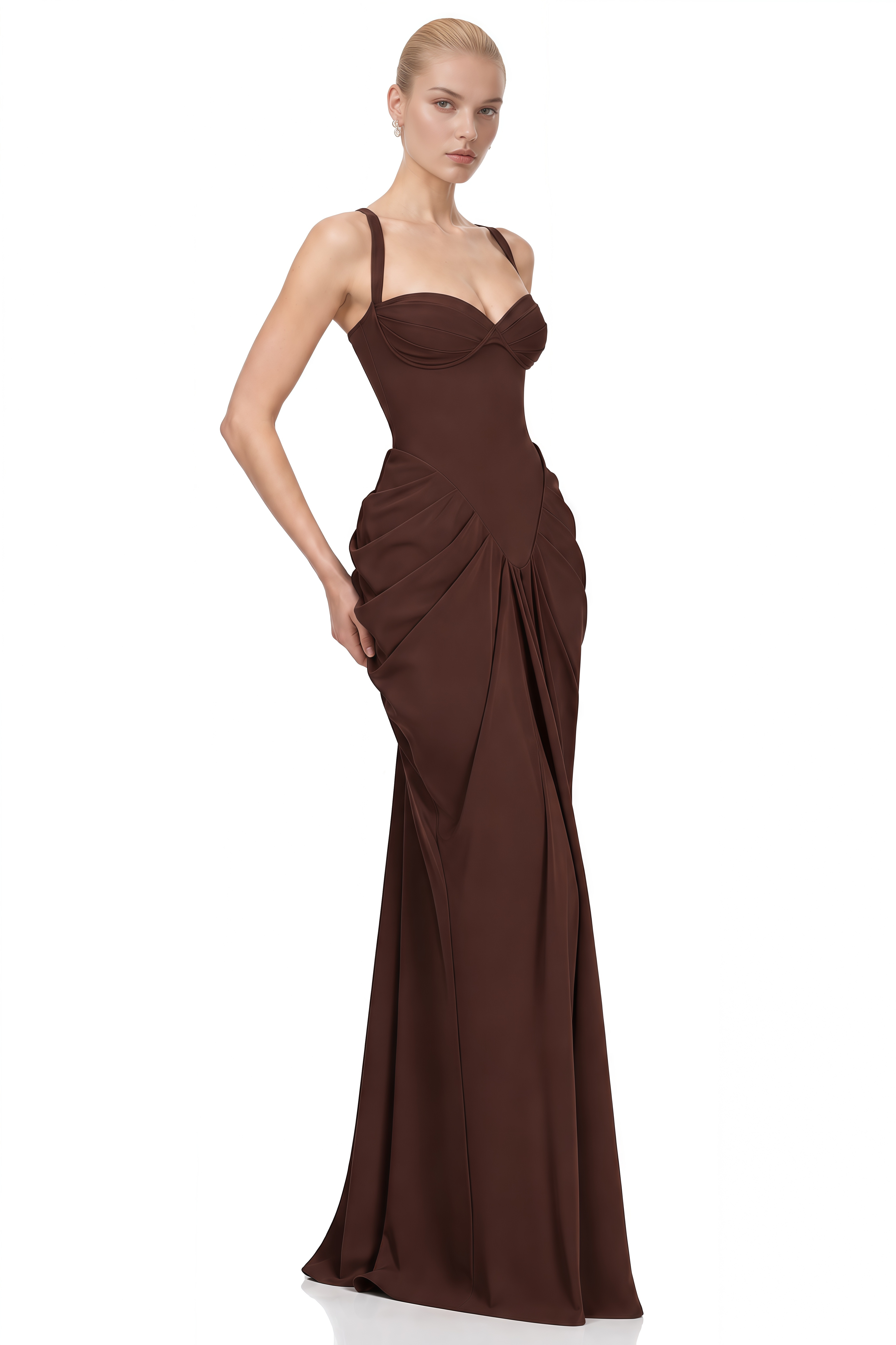 Maisie Brown Sweetheart Neck Ruched Maxi Dress
