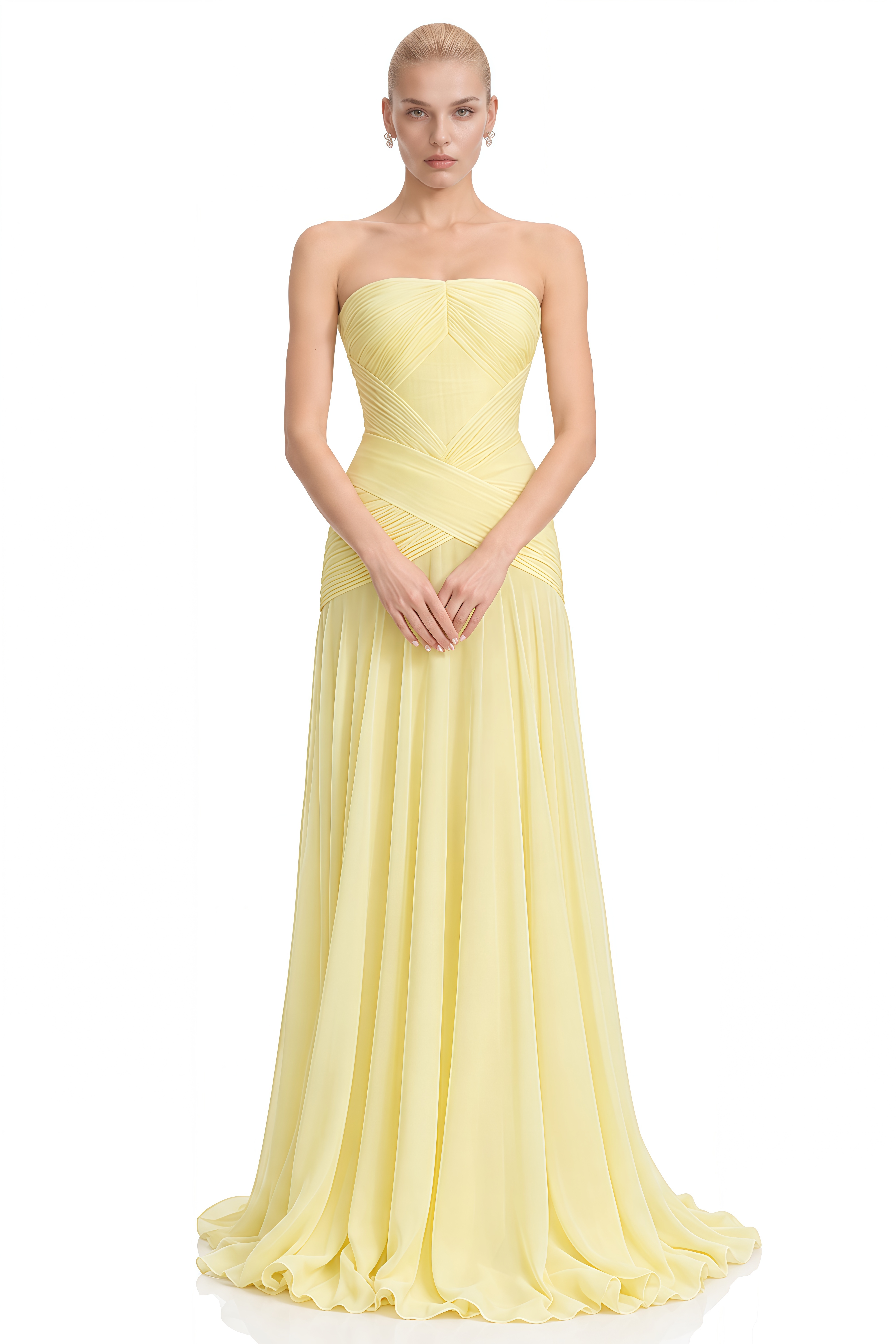 Lila Yellow Strapless Ruched Maxi Dress