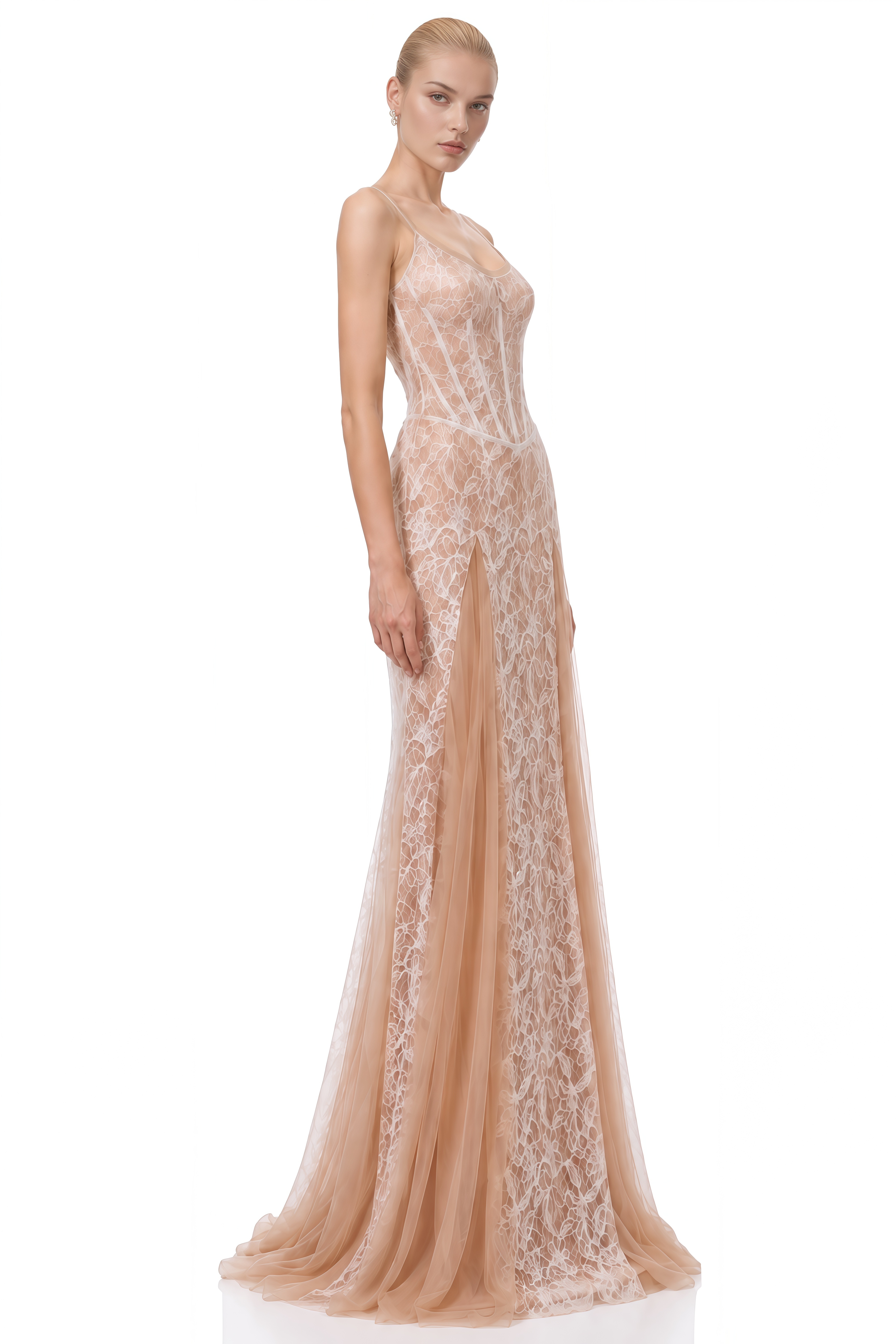 Anastasia Beige Structured Lace Maxi Dress