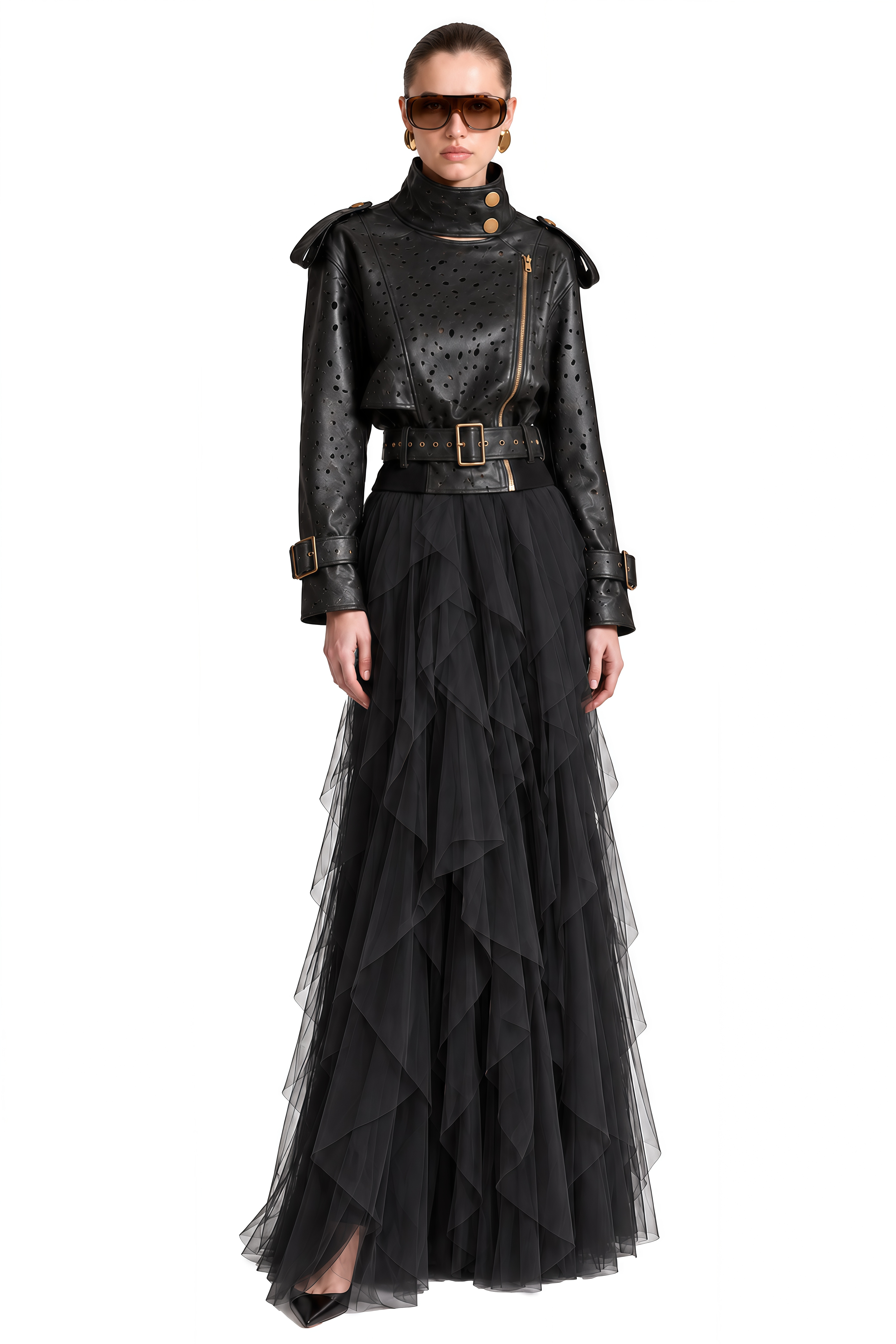 Theodora Black Structured Ruffled Jacket & Skirt Set