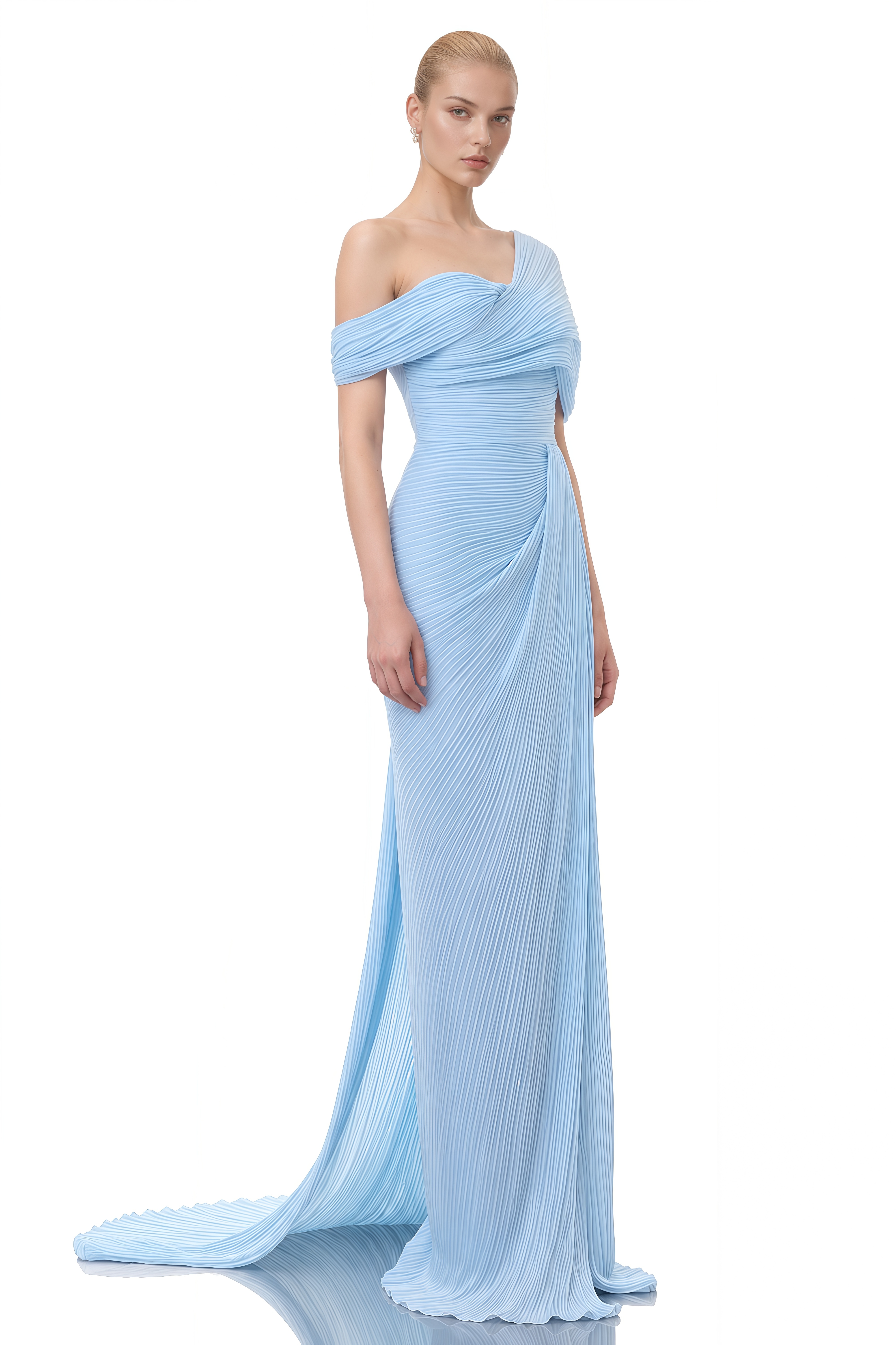 Amara Light Blue Asymmetrical Off-Shoulder Maxi Dress