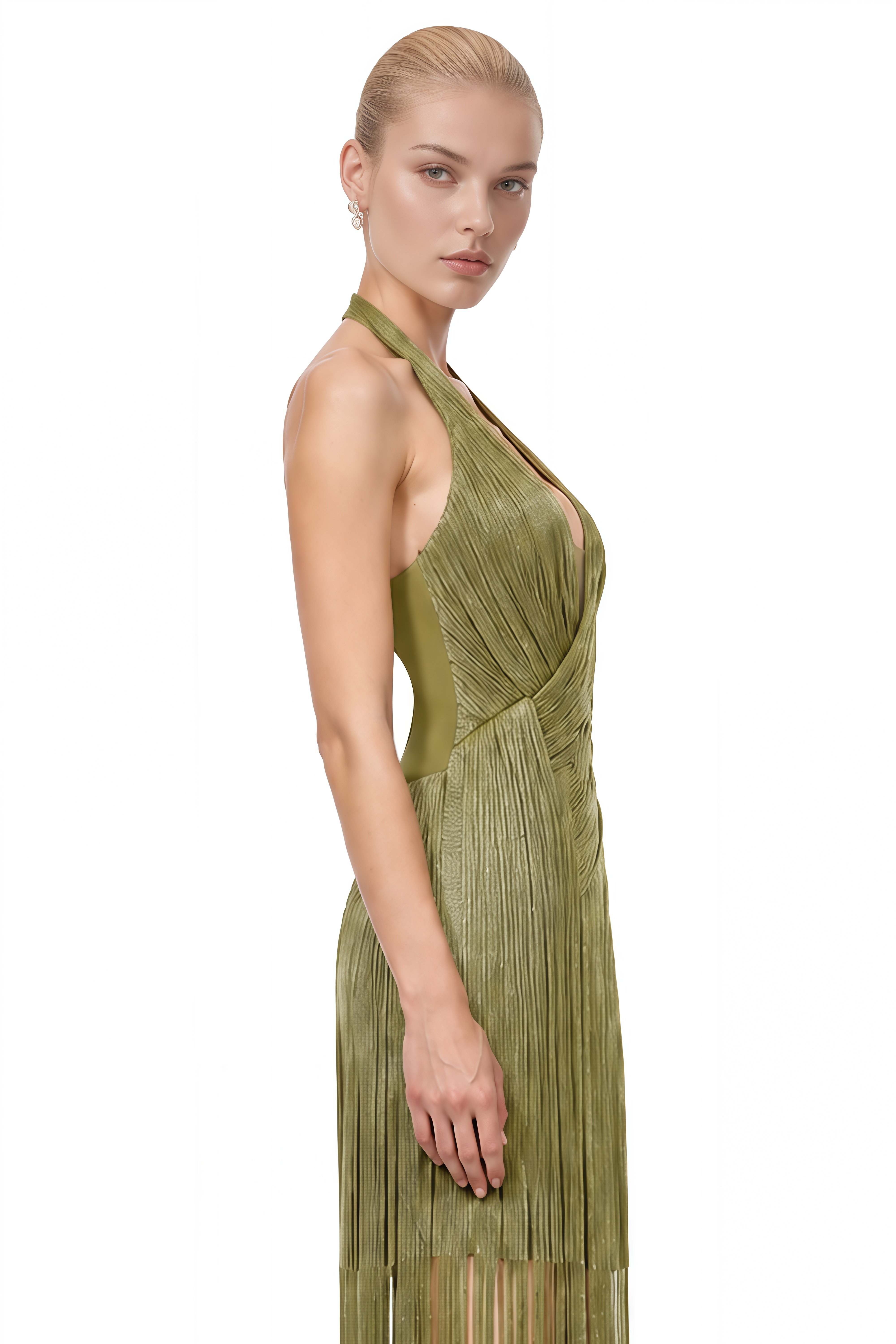 Sylvia Gold Asymmetrical Fringe Maxi Dress
