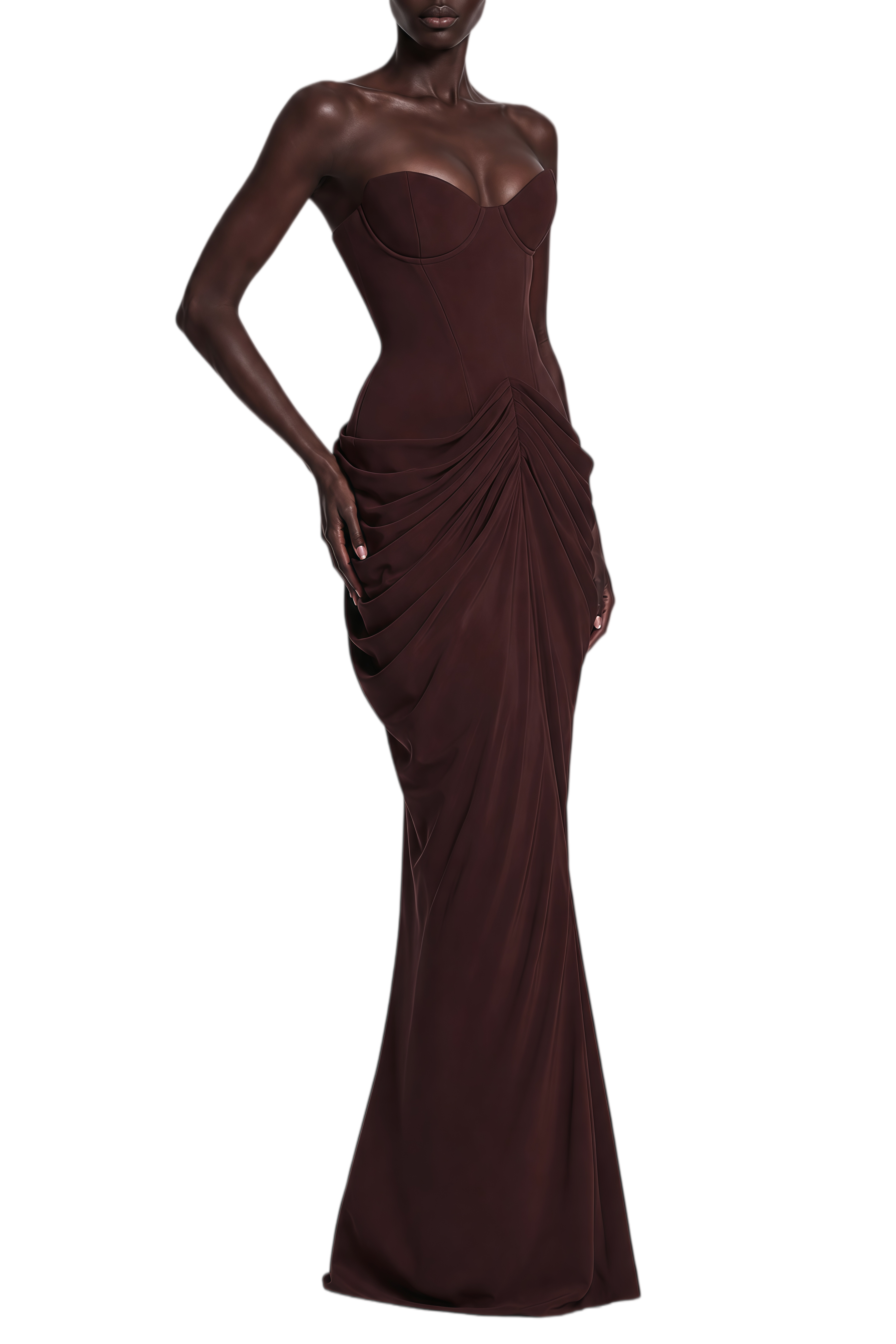Gwendolyn Brown Sleeveless Ruched Maxi Dress