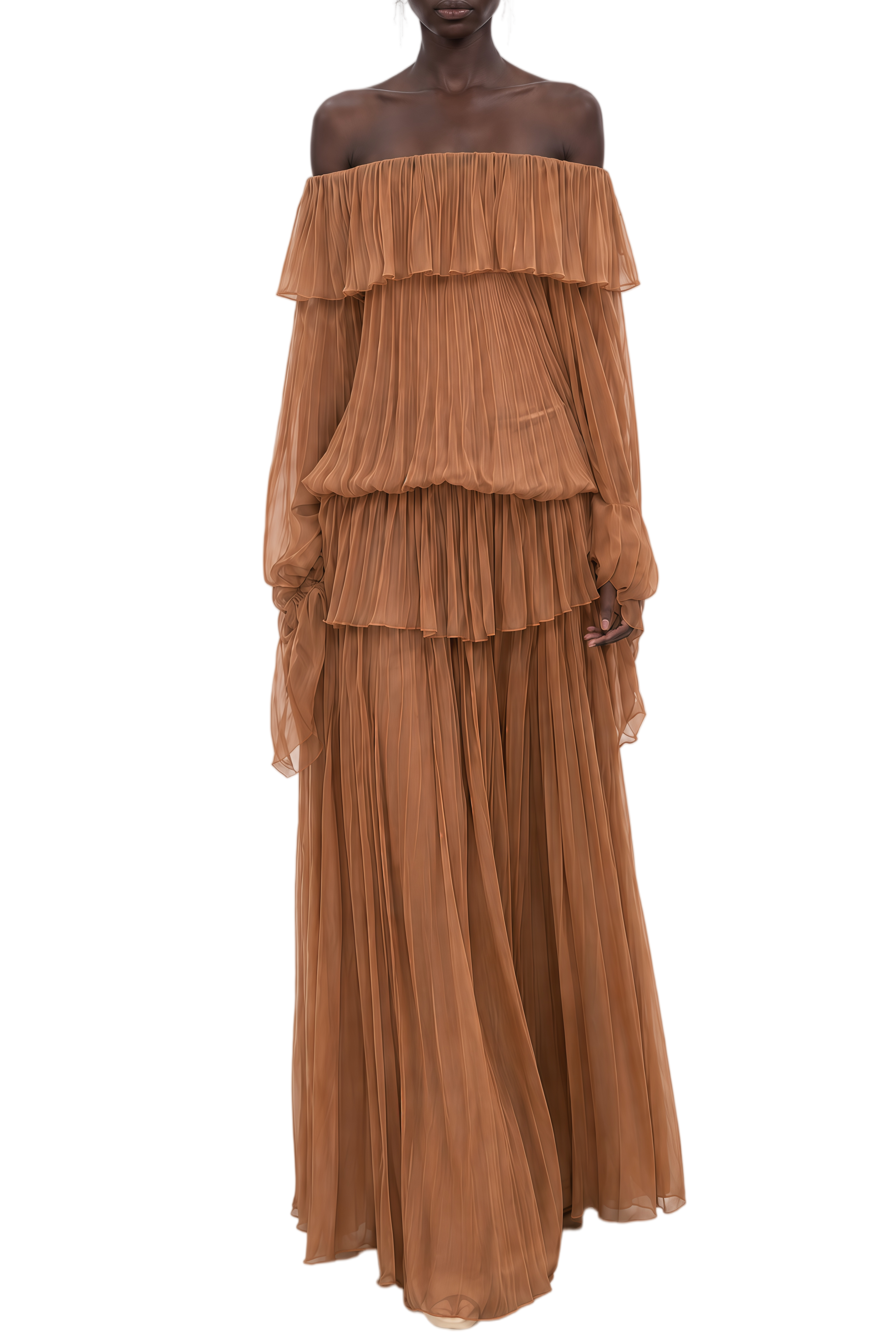 Ophelia Brown Long Sleeves Pleated Top & Skirt Set