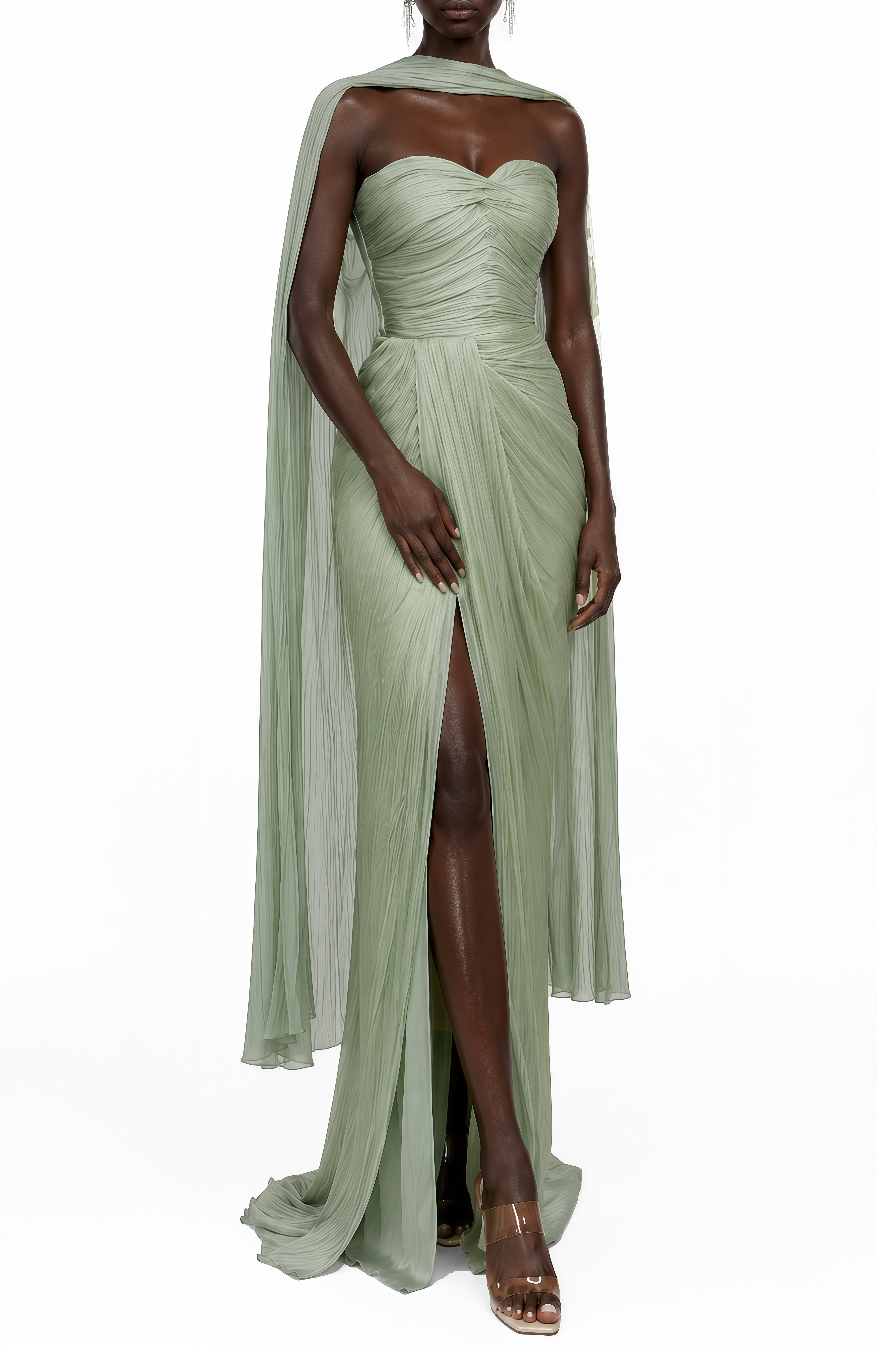 Althea Green Cape Design Ruched Maxi Dress
