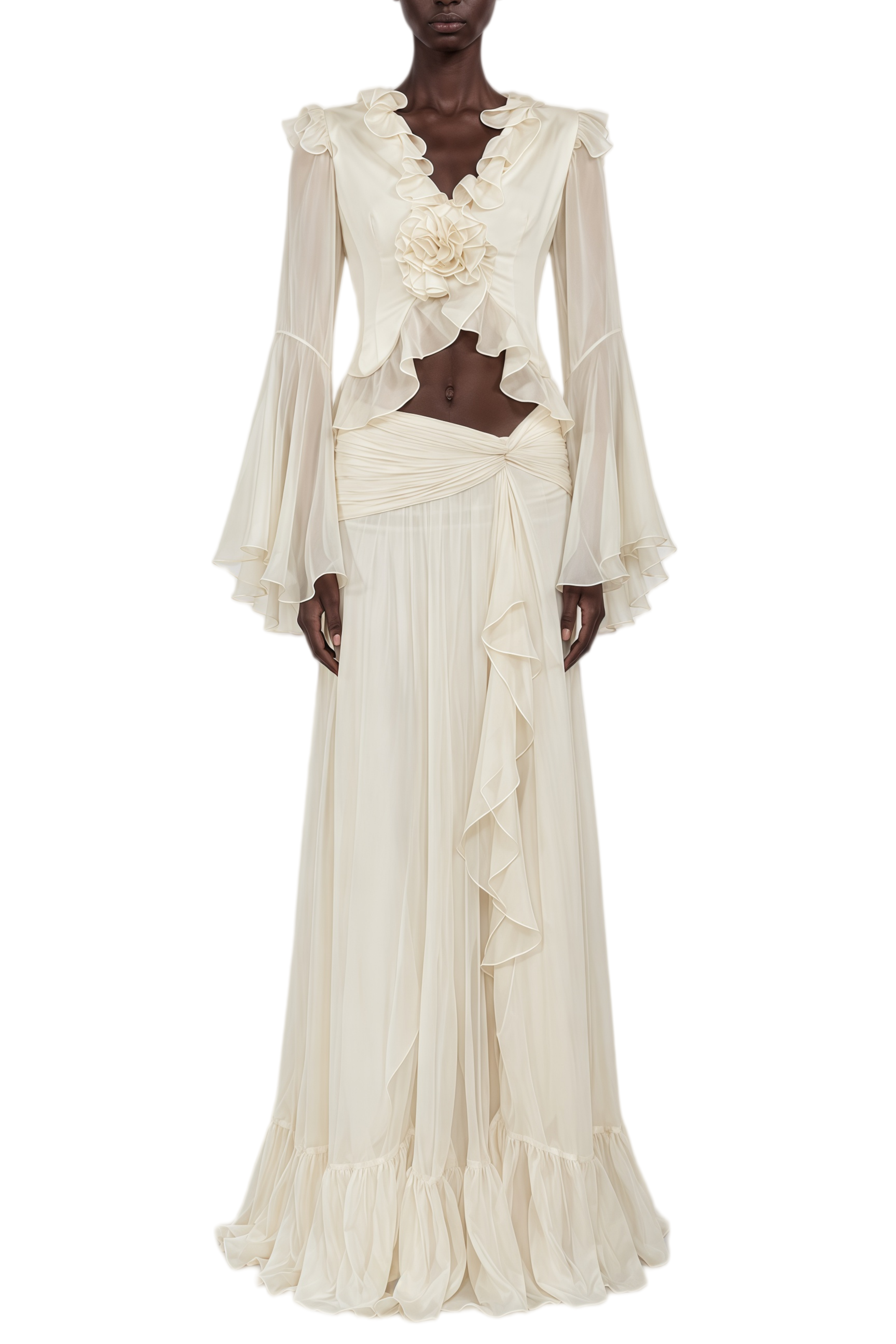 Cassiopeia White Ruched Asymmetrical Blouse & Skirt Set
