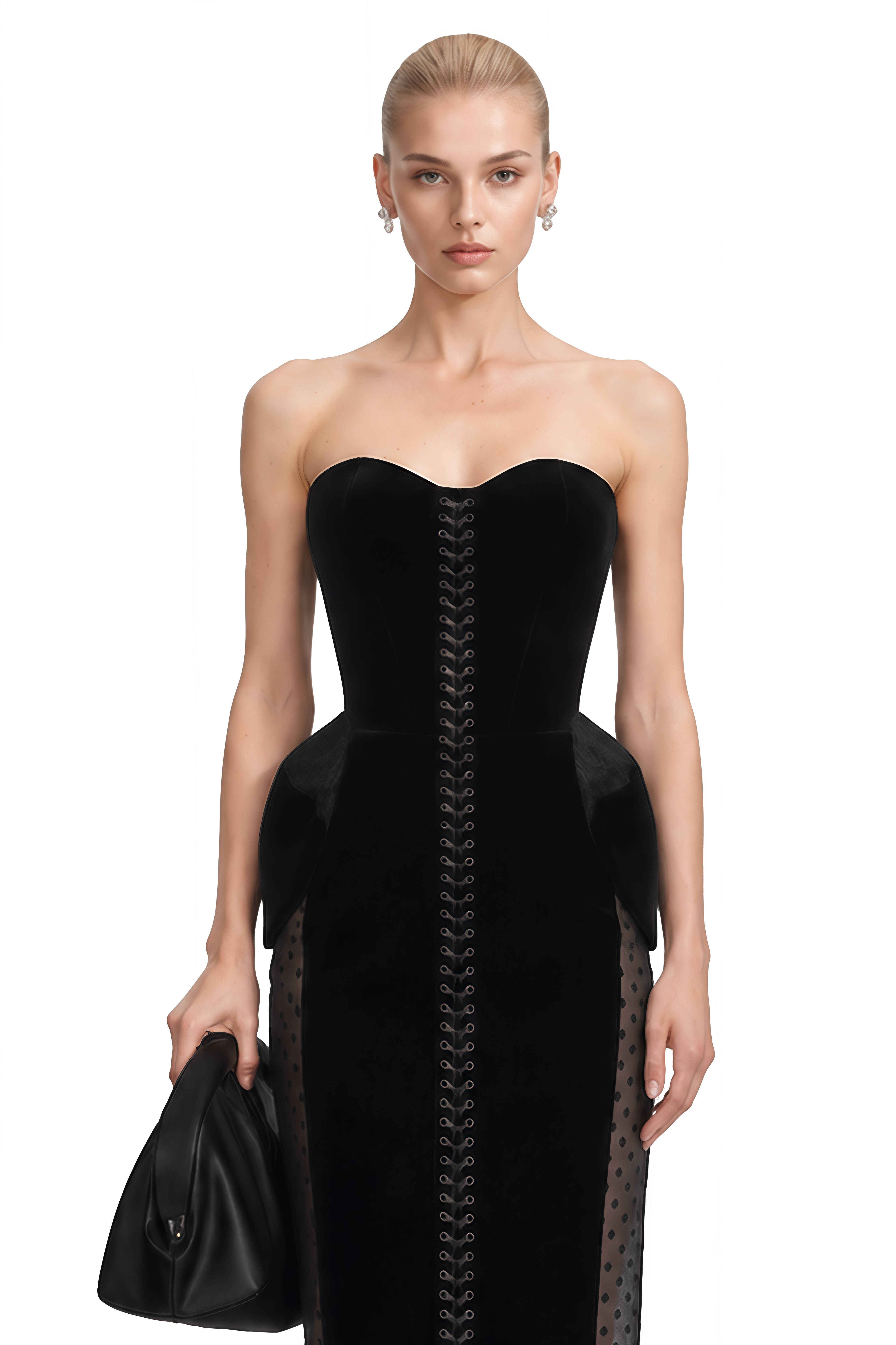 Beatrice Black Sweetheart Neck Sheer-Panel Midi Dress