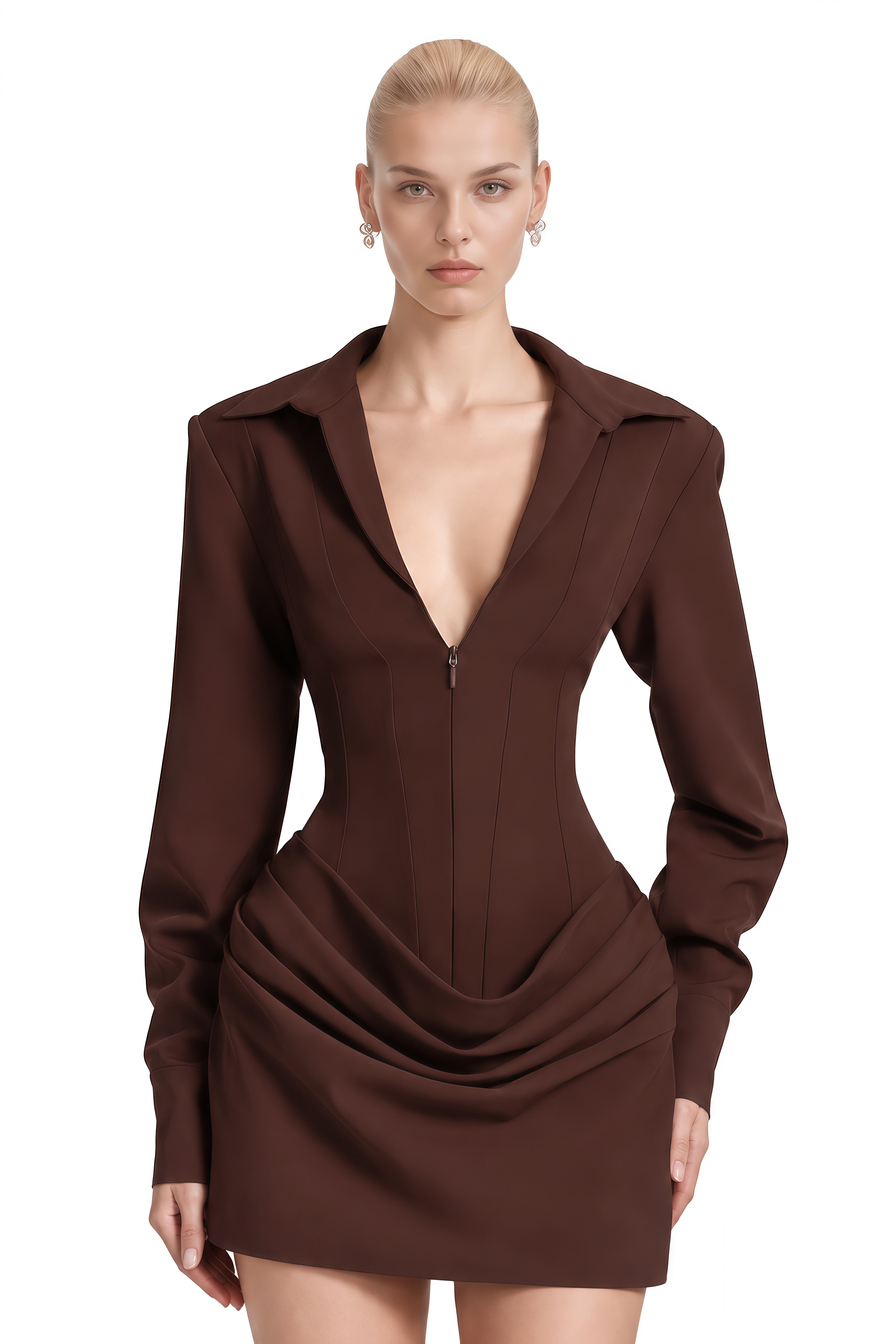Olivia Brown Long Sleeves Draped Mini Dress