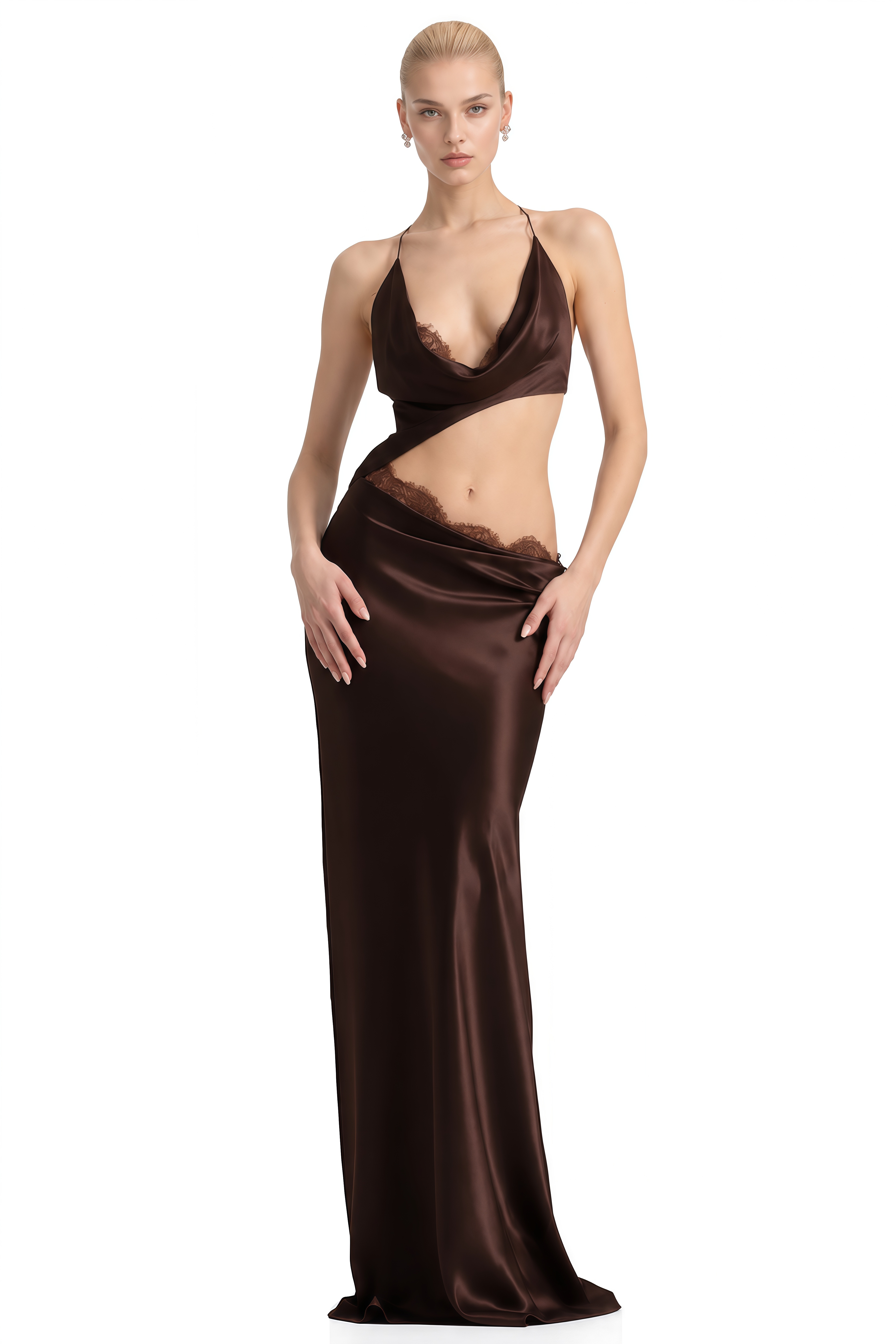 Joy Brown Halterneck Draped Top & Skirt Set