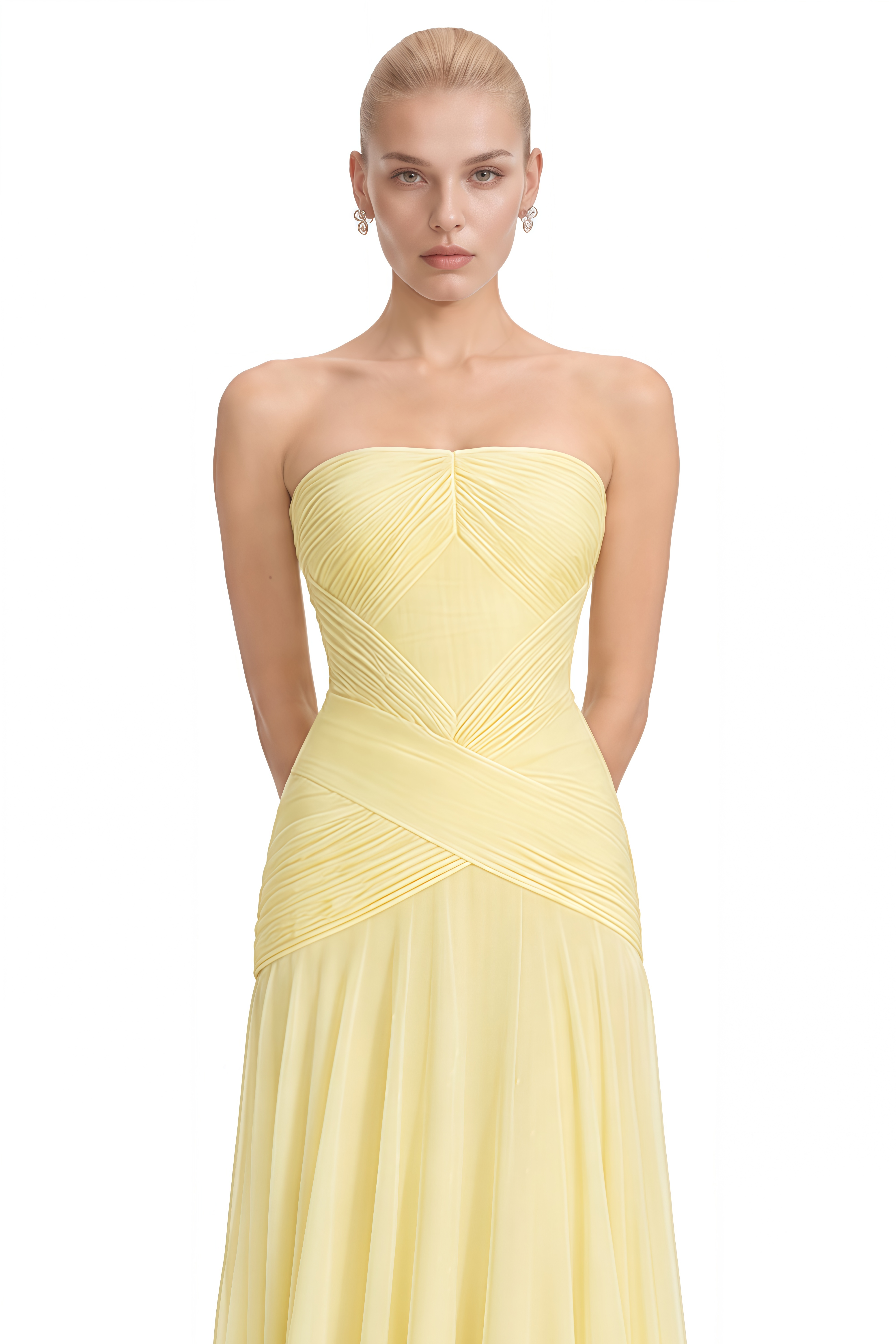 Lila Yellow Strapless Ruched Maxi Dress