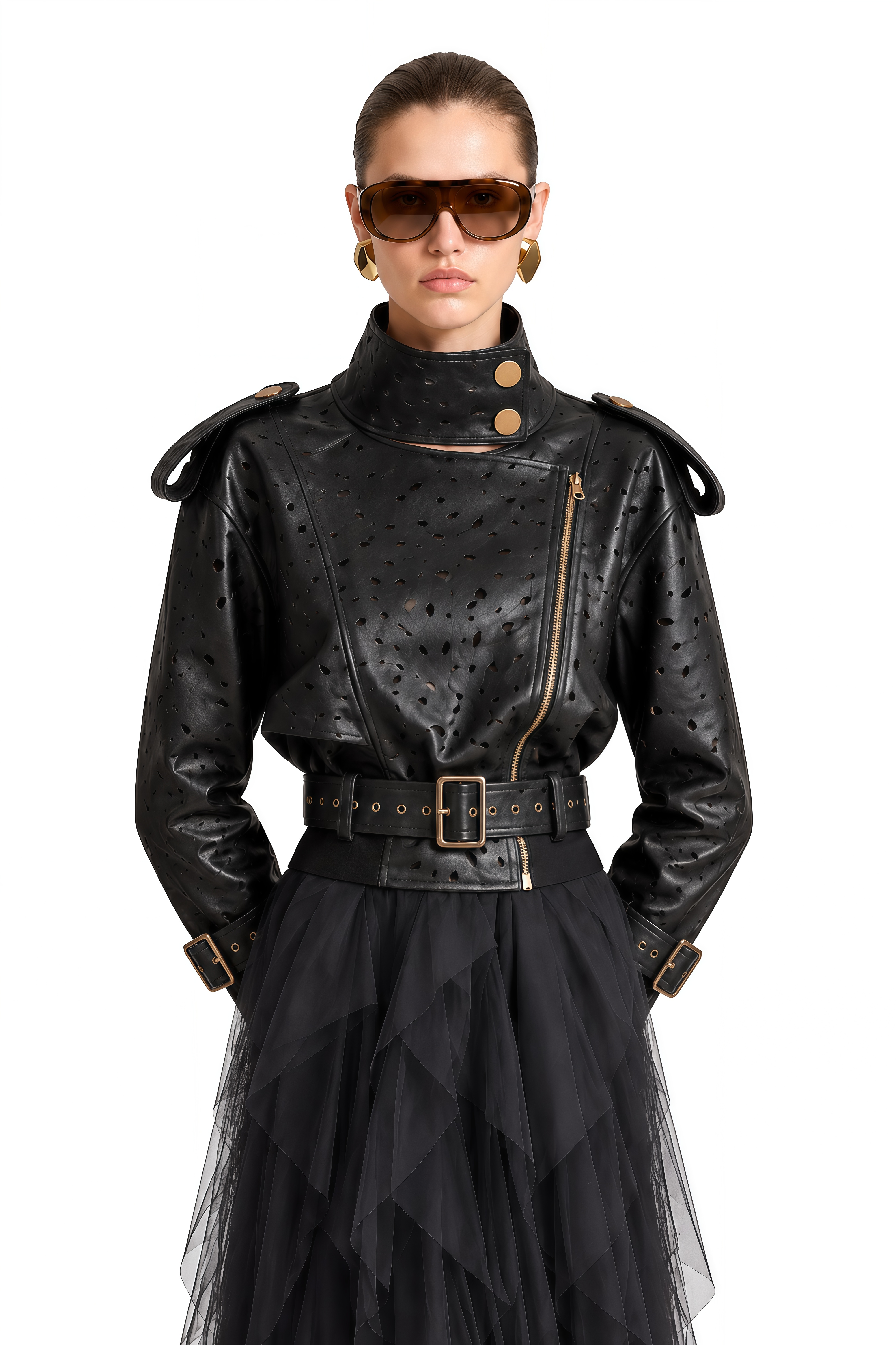 Theodora Black Structured Ruffled Jacket & Skirt Set
