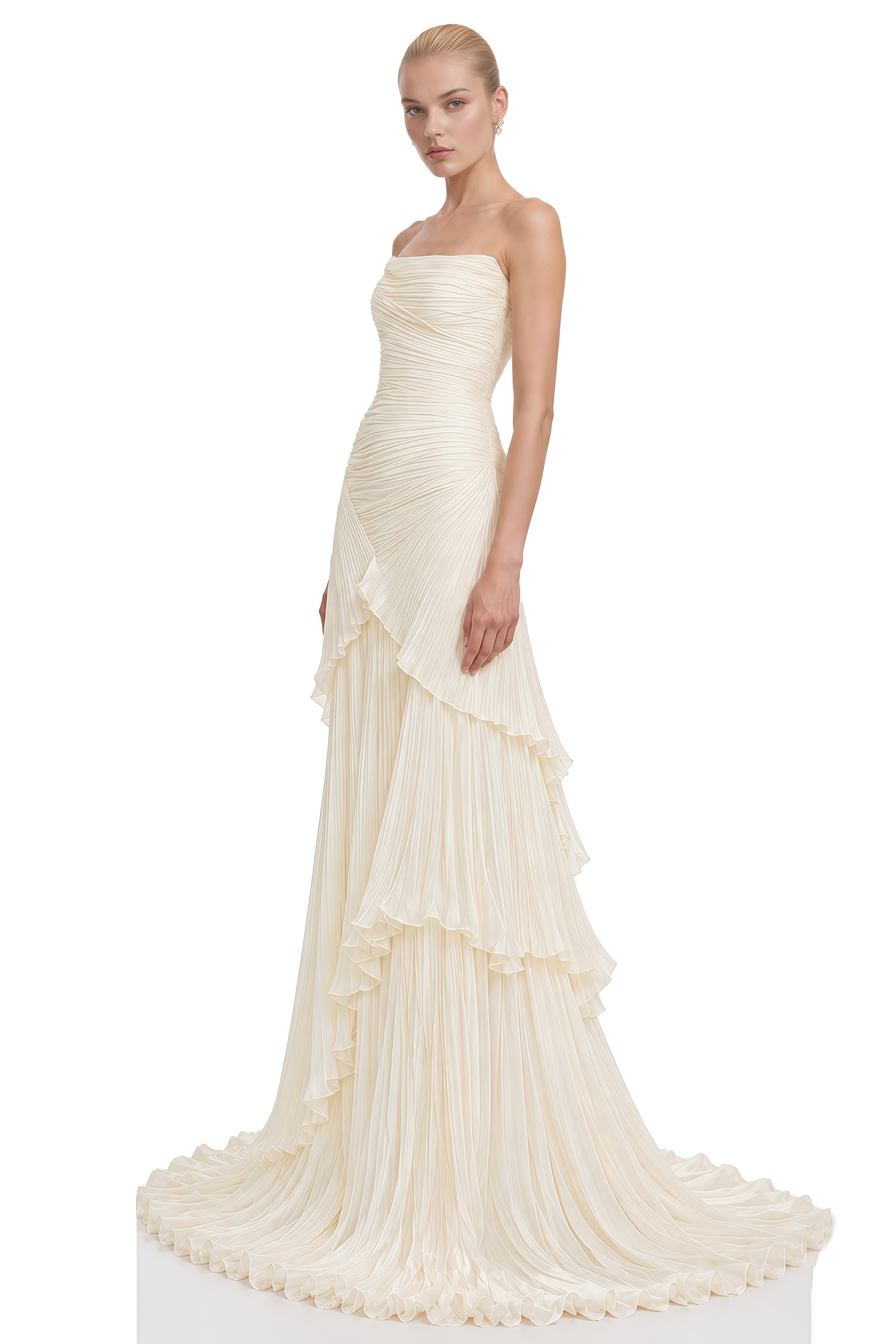 Maeve White Strapless Ruffled Maxi Dress