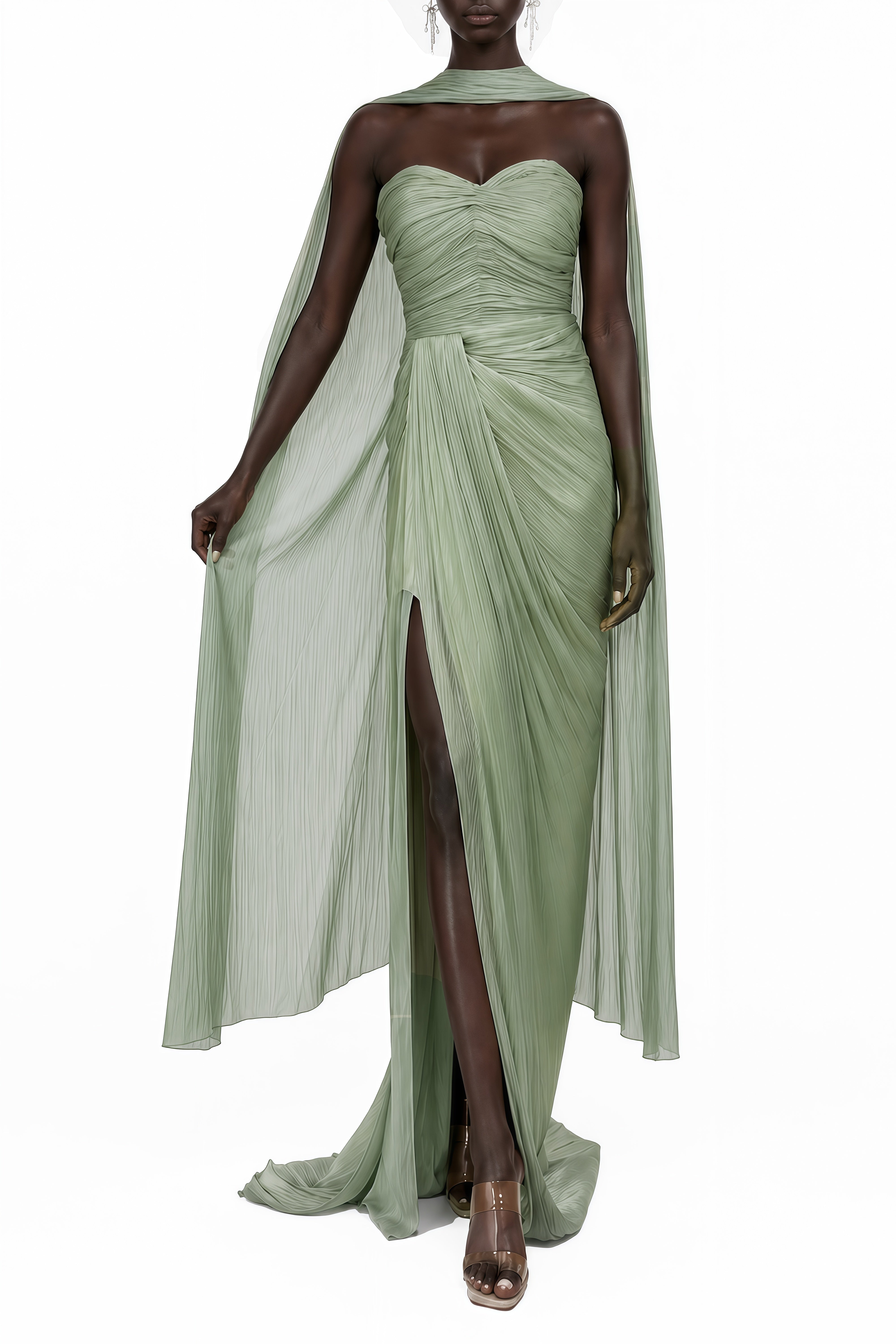 Althea Green Cape Design Ruched Maxi Dress