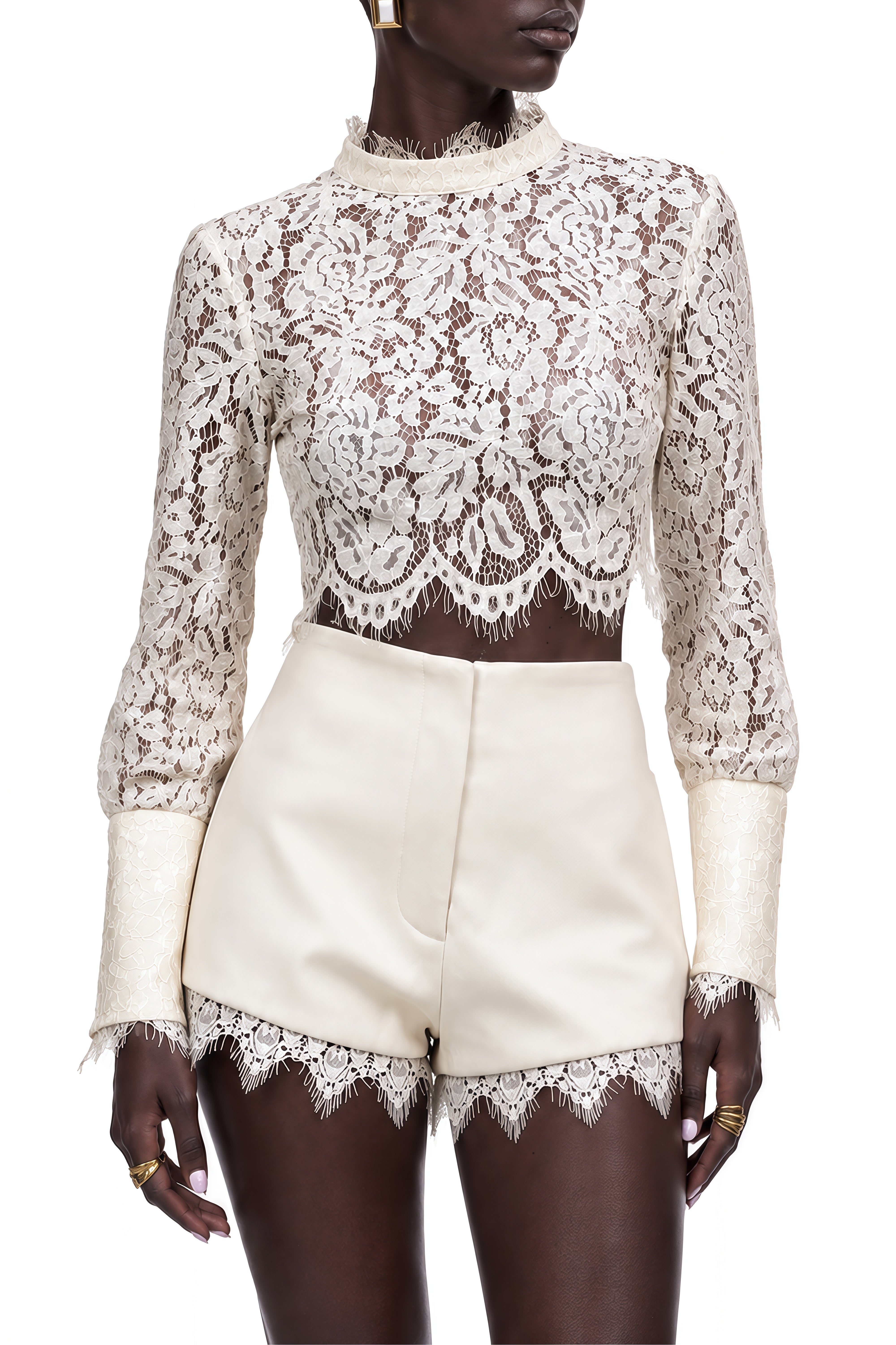 Rosalind White Long Sleeves Lace Top & Shorts Set