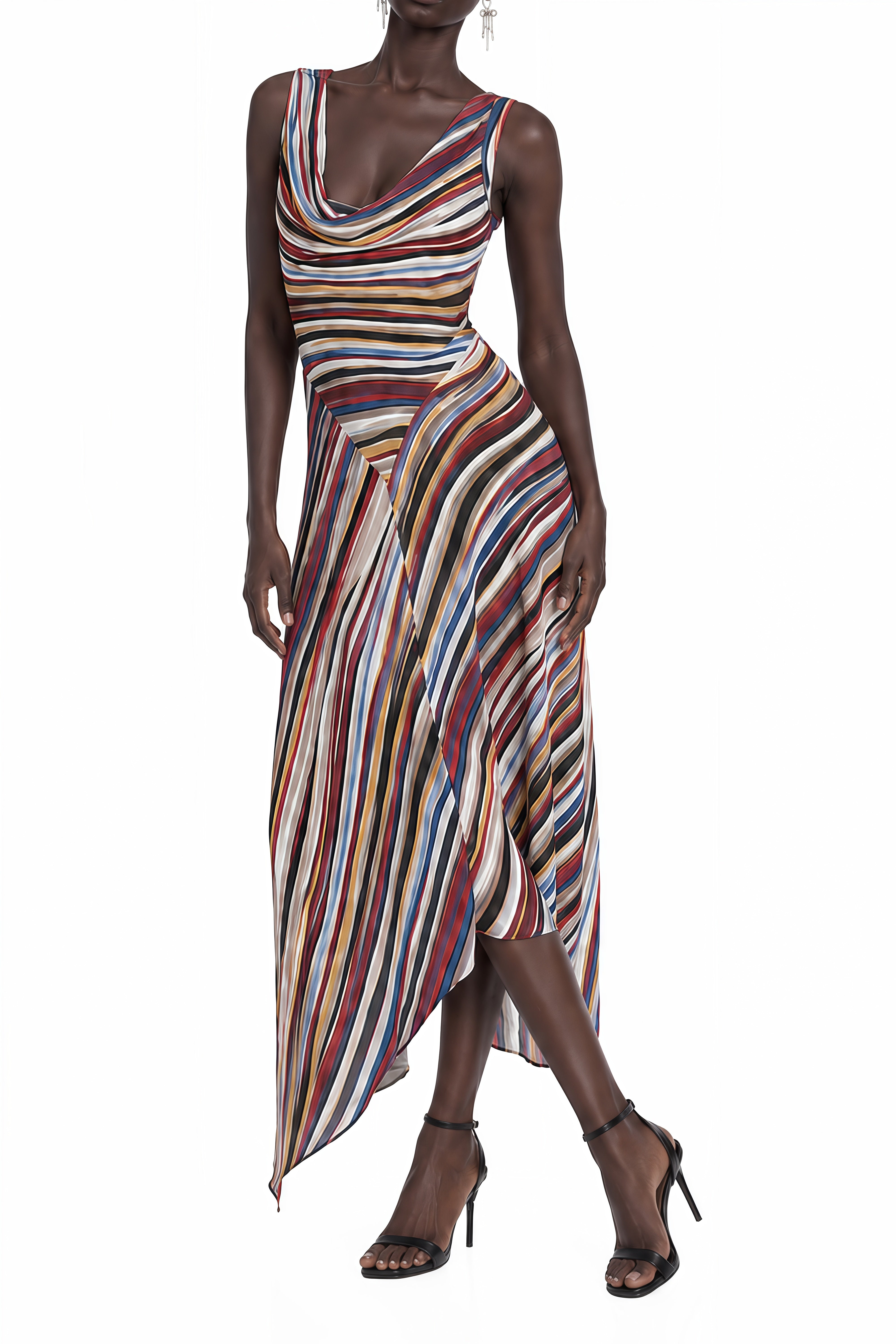 Luna Red Asymmetrical Striped Maxi Dress