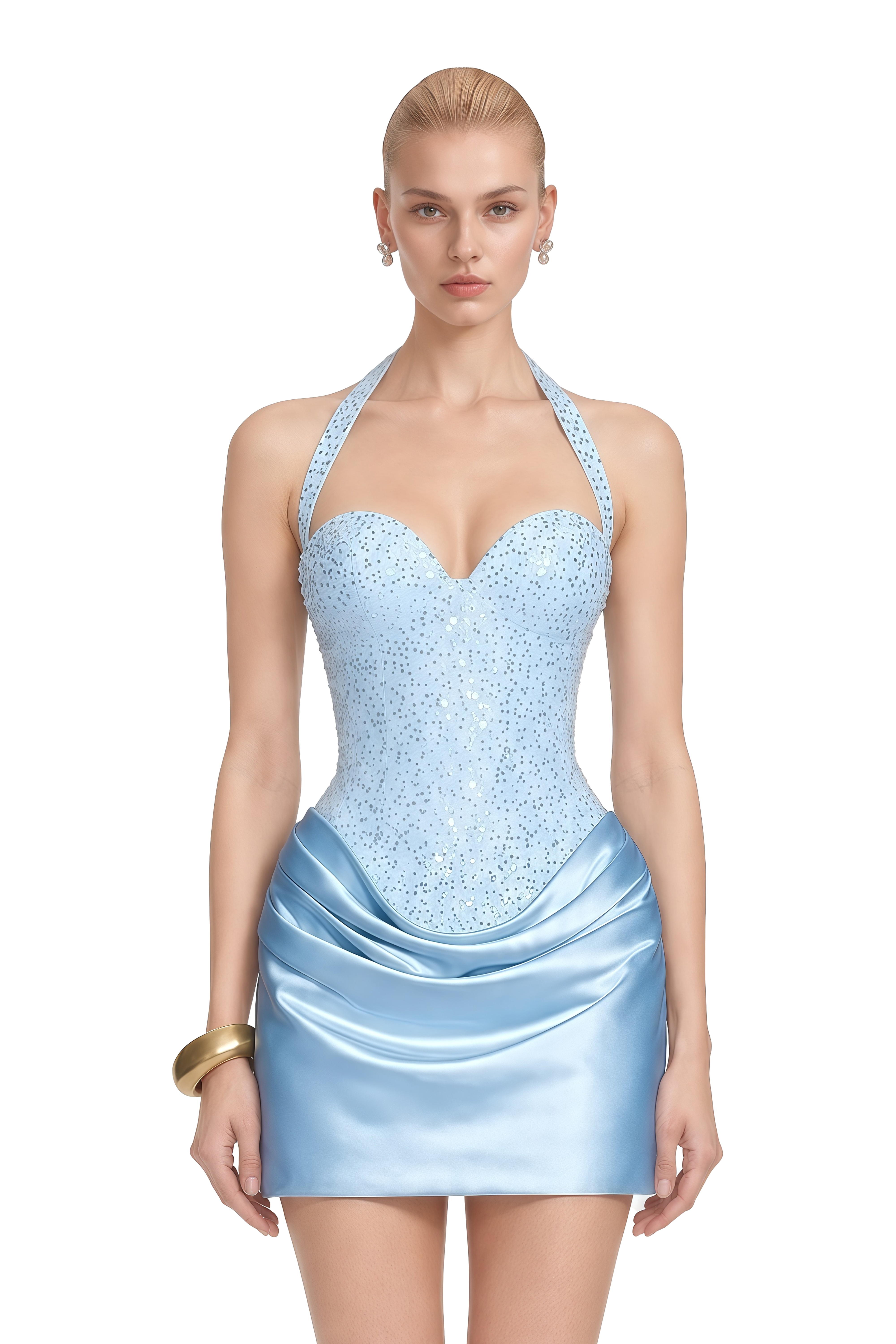 Cordelia Light Blue Halterneck Draped Mini Dress