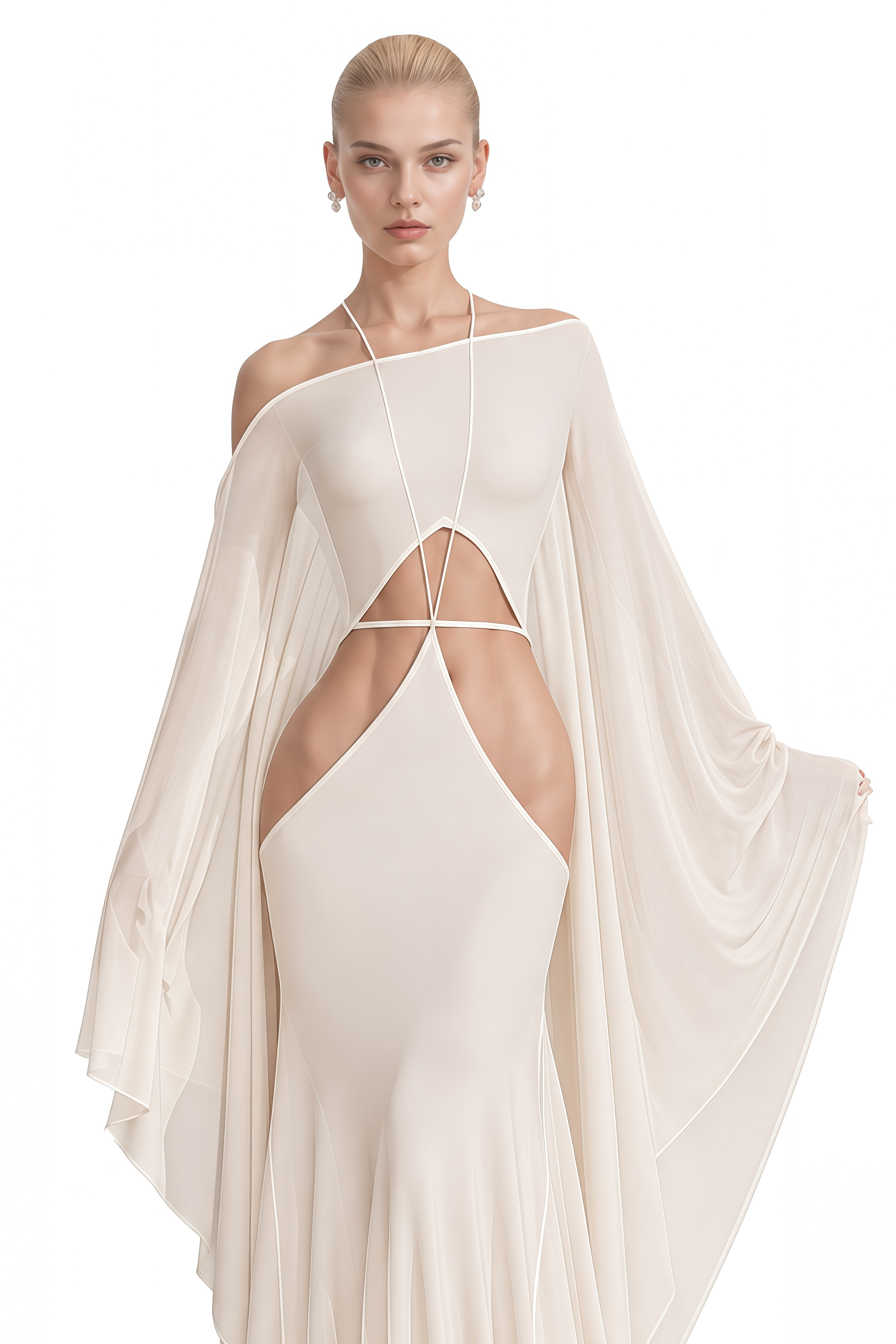 Clio Ivory Off-Shoulder Cape Sleeve Maxi Dress