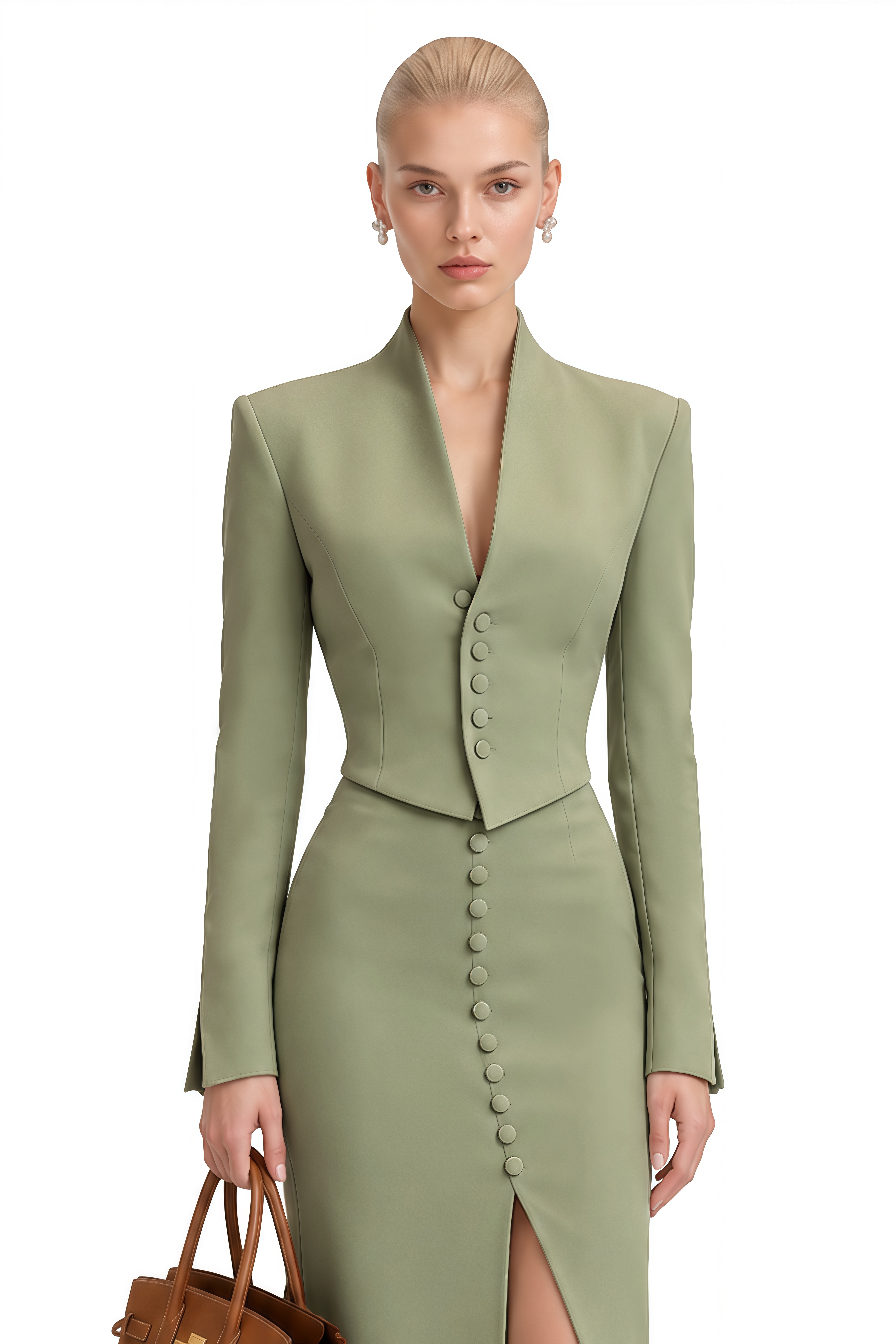 Odette Green Long Sleeves Split Jacket & Skirt Set